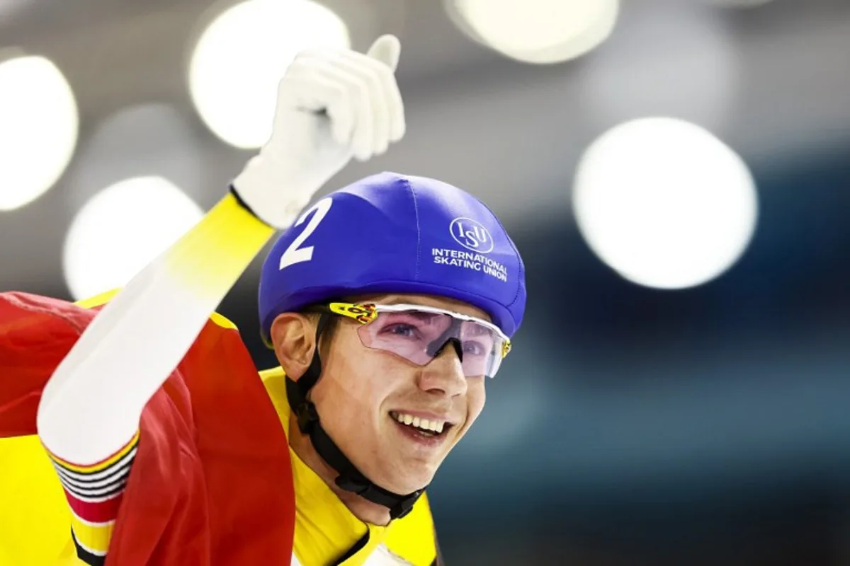 Belgium's Bart Swings reacts after winning the Mass Start men at the European Championship speed skating in Heerenveen on Janurary 7, 2024.   Vincent Jannink / ANP / AFP