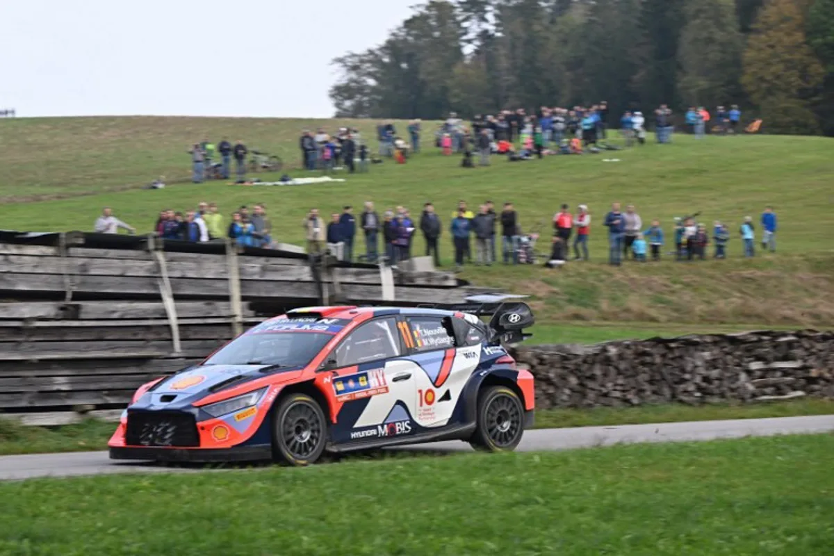 Belgium's Thierry Neuville and his co-driver Martijn Wydaeghe with Hyundai i20 N Rally1 Hybrid  during the WRC Central European Rally 2024 near Kollerschlag, Upper Austria, on October 19, 2024.   KERSTIN JOENSSON / AFP