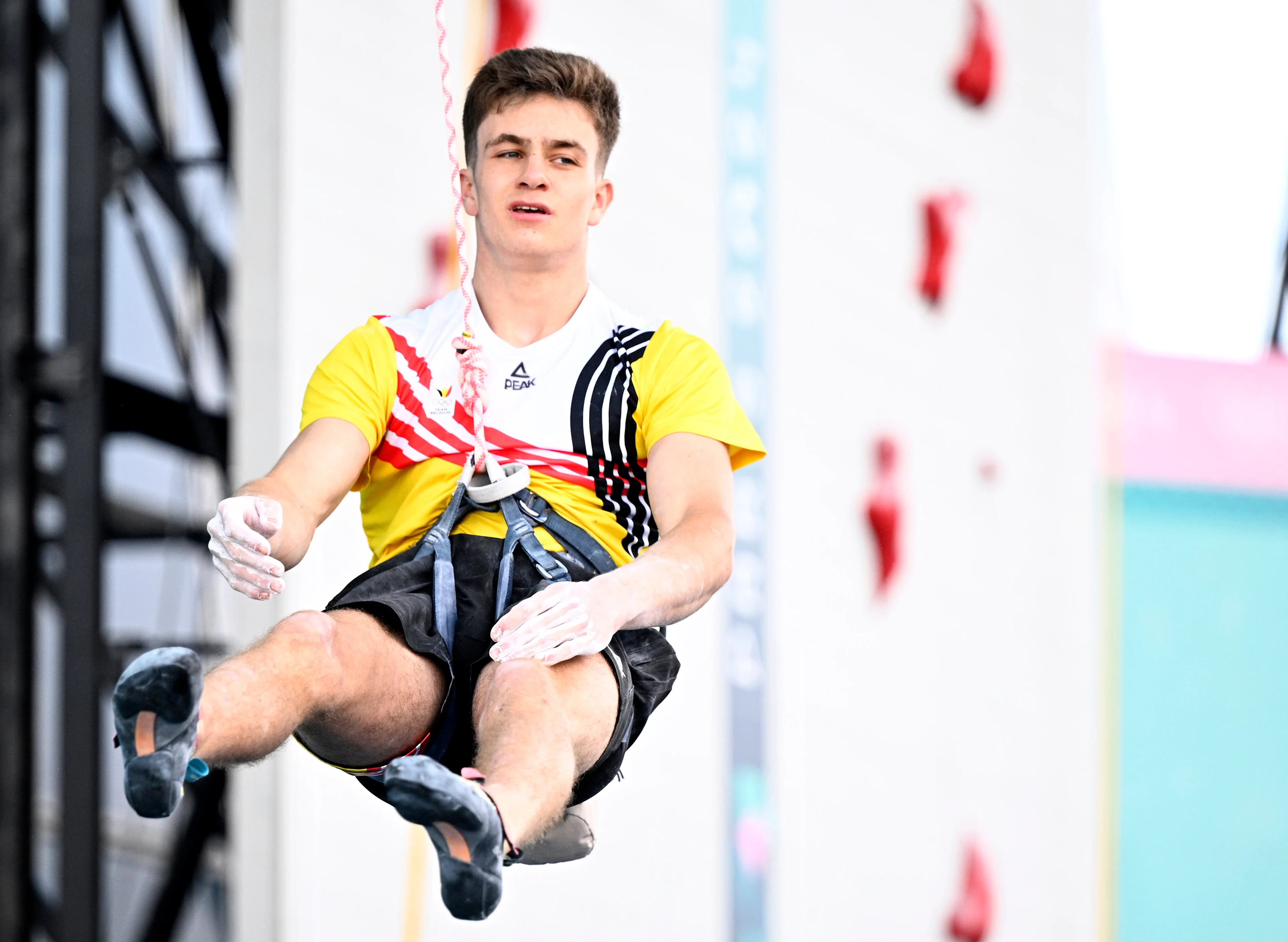 Belgian climber Hannes Van Duysen pictured in action during the men's Lead semi-final of the sport climbing event at the Paris 2024 Olympic Games, on Wednesday 07 August 2024 in Paris, France. The Games of the XXXIII Olympiad are taking place in Paris from 26 July to 11 August. The Belgian delegation counts 165 athletes competing in 21 sports. BELGA PHOTO JASPER JACOBS