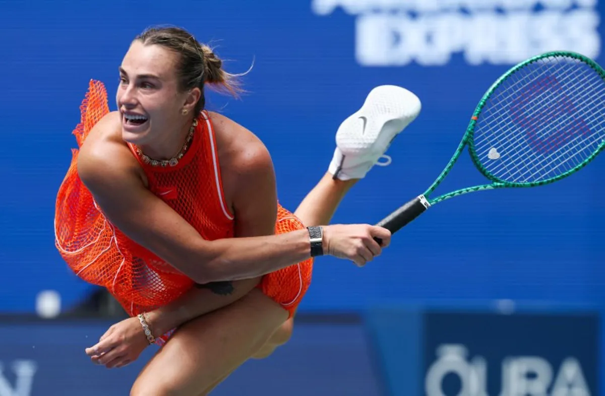 Belarus' Aryna Sabalenka serves to Colombia's Camila Osorio during the women's singles first round tennis match on day two of the US Open tennis tournament at the USTA Billie Jean King National Tennis Center in New York on August 31, 2026.  TIMOTHY A. CLARY / AFP