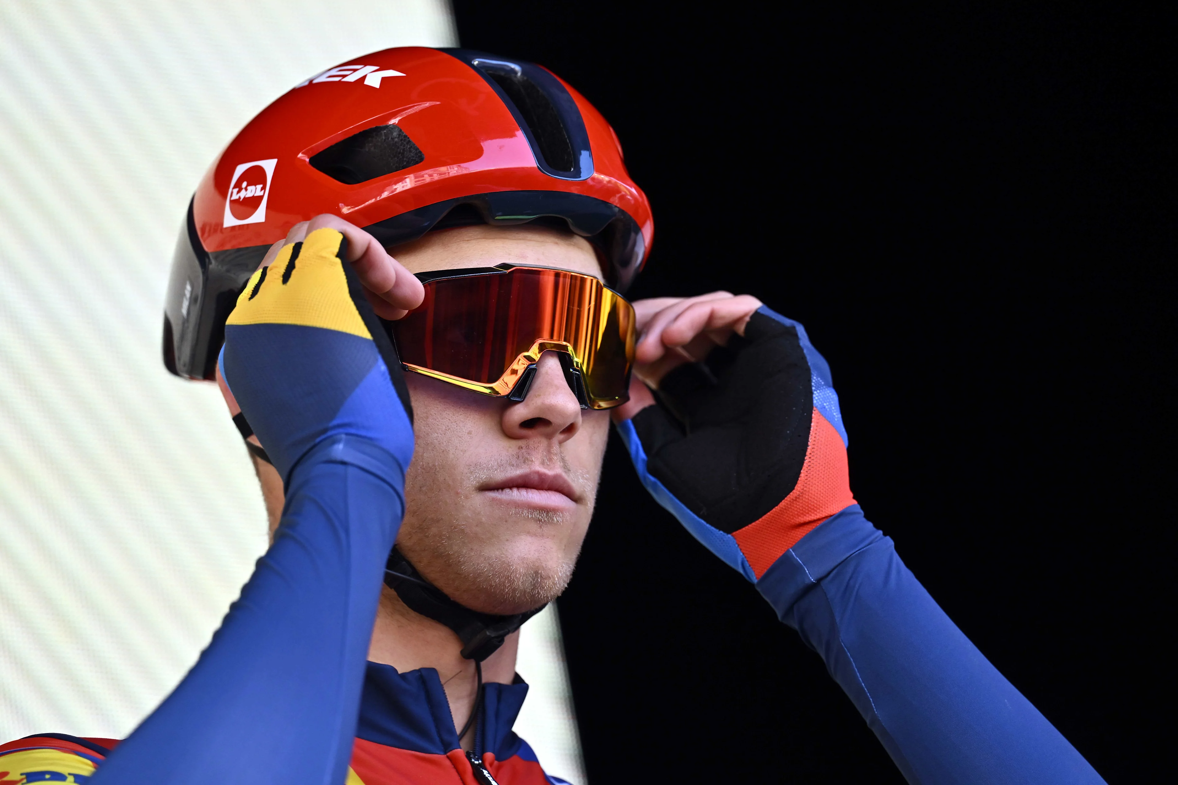 Italian Jonathan Milan of Lidl-Trek pictured during the team presentation ahead of the Kuurne-Brussels-Kuurne one day cycling race, 196,9 km from Kuurne to Kuurne via Brussels, Sunday 02 March 2025. BELGA PHOTO DIRK WAEM