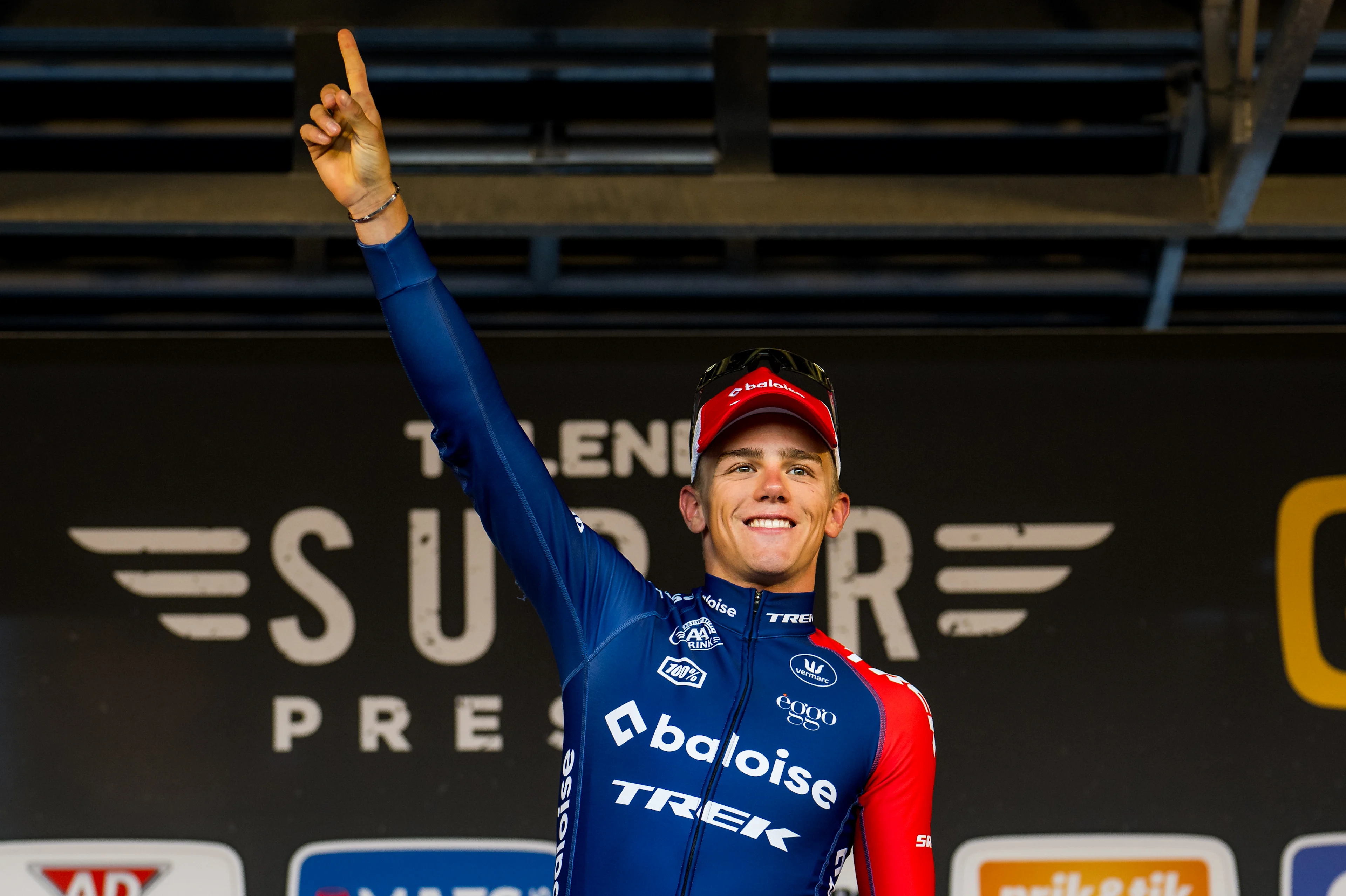 Belgian Thibau Nys celebrates on the podium after winning the men's elite race of the Superprestige race of Overijse, stage 2 (out of 9) in the Superprestige cyclocross competition, in Overijse, Sunday 27 October 2024. BELGA PHOTO JASPER JACOBS