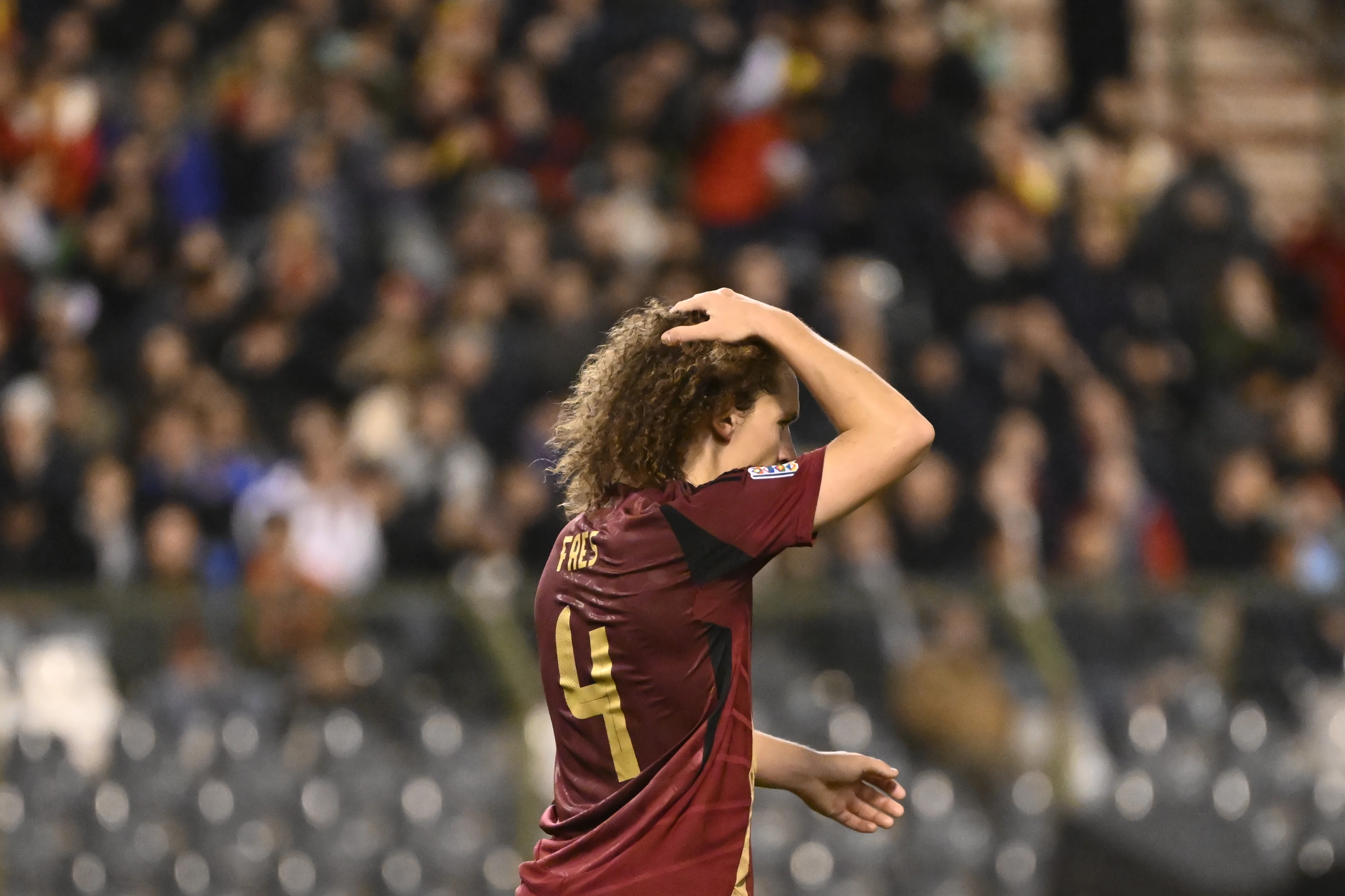 Belgium's Wout Faes looks dejected at a soccer game between Belgian national soccer team Red Devils and Italy, match 5 (out of 6) in the League A Group 2 of the UEFA Nations League 2025 competition, Thursday 14 November 2024 in Brussels. BELGA PHOTO DIRK WAEM