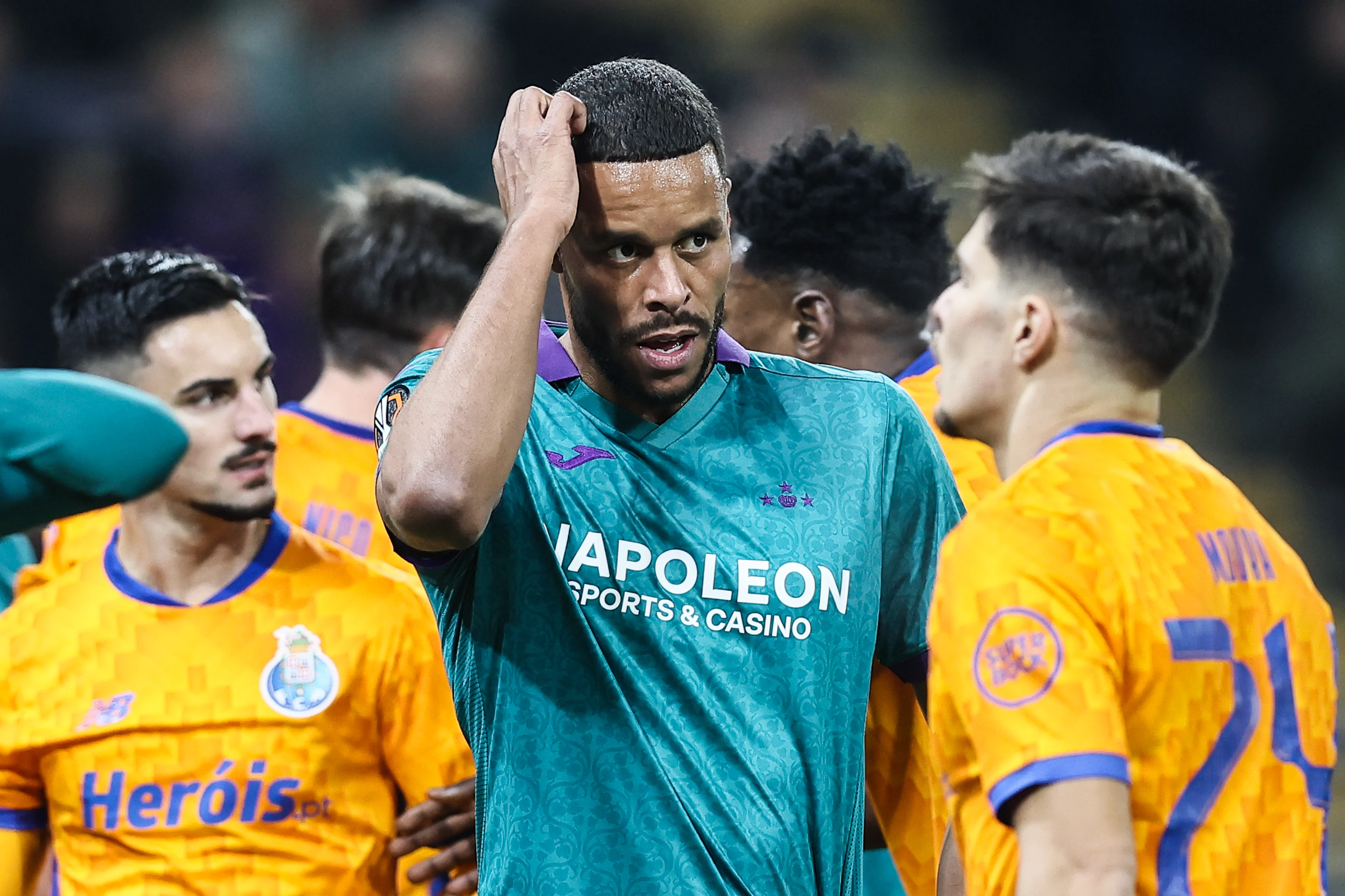 Anderlecht's Mathias Jorgenson Zanka reacts during a soccer game between Belgian RSC Anderlecht and Portuguese FC Porto, Thursday 28 November 2024 in Brussels, on the fifth day of the group stage of the UEFA Europa League tournament. BELGA PHOTO BRUNO FAHY