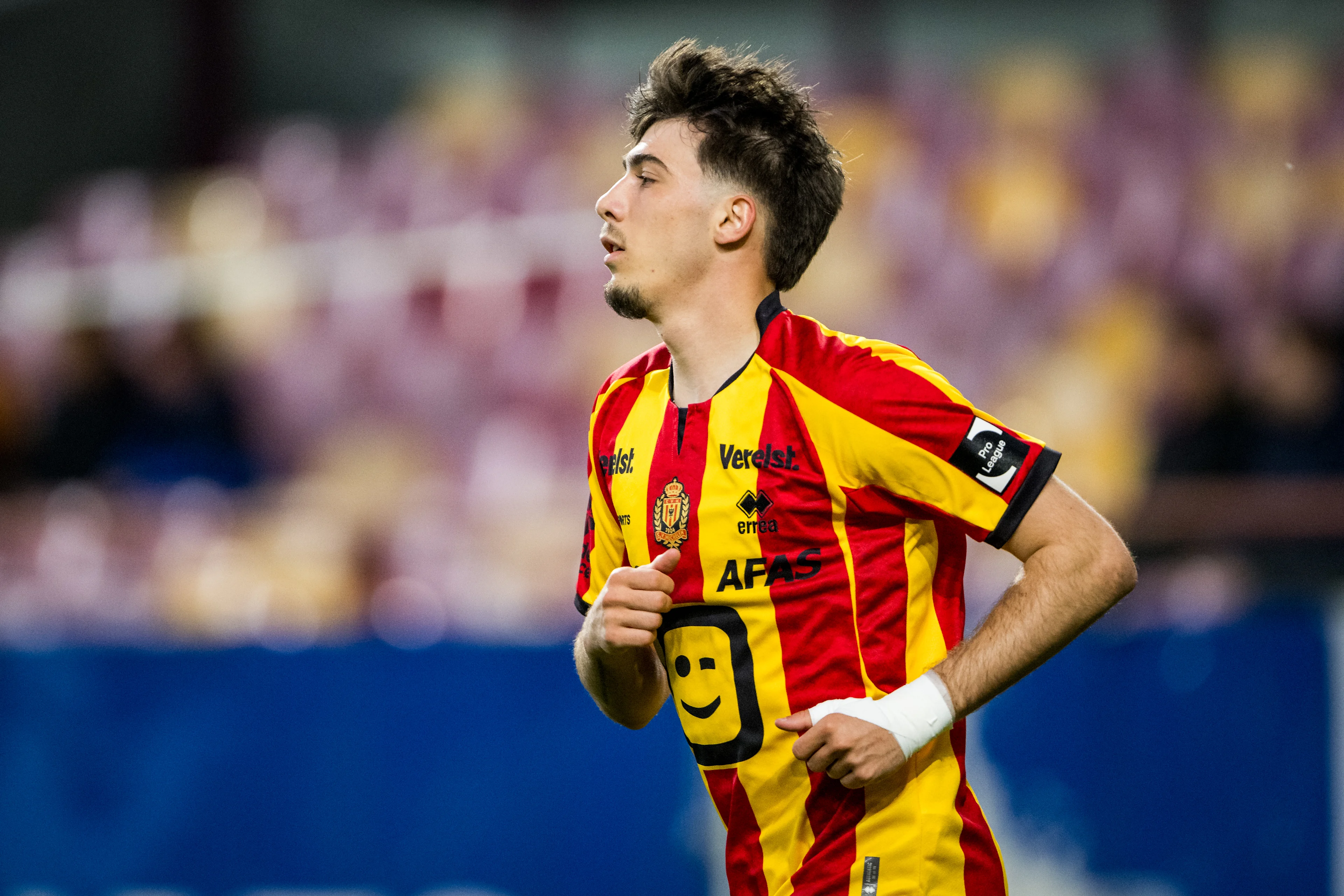 Mechelen's Keano Kiki Vanrafelghem pictured in action during a soccer match between KV Mechelen and KVC Westerlo, Tuesday 22 April 2025 in Mechelen, on day 5 (out of 10) of the Europe Play-offs of the 2024-2025 'Jupiler Pro League' first division of the Belgian championship. BELGA PHOTO JASPER JACOBS