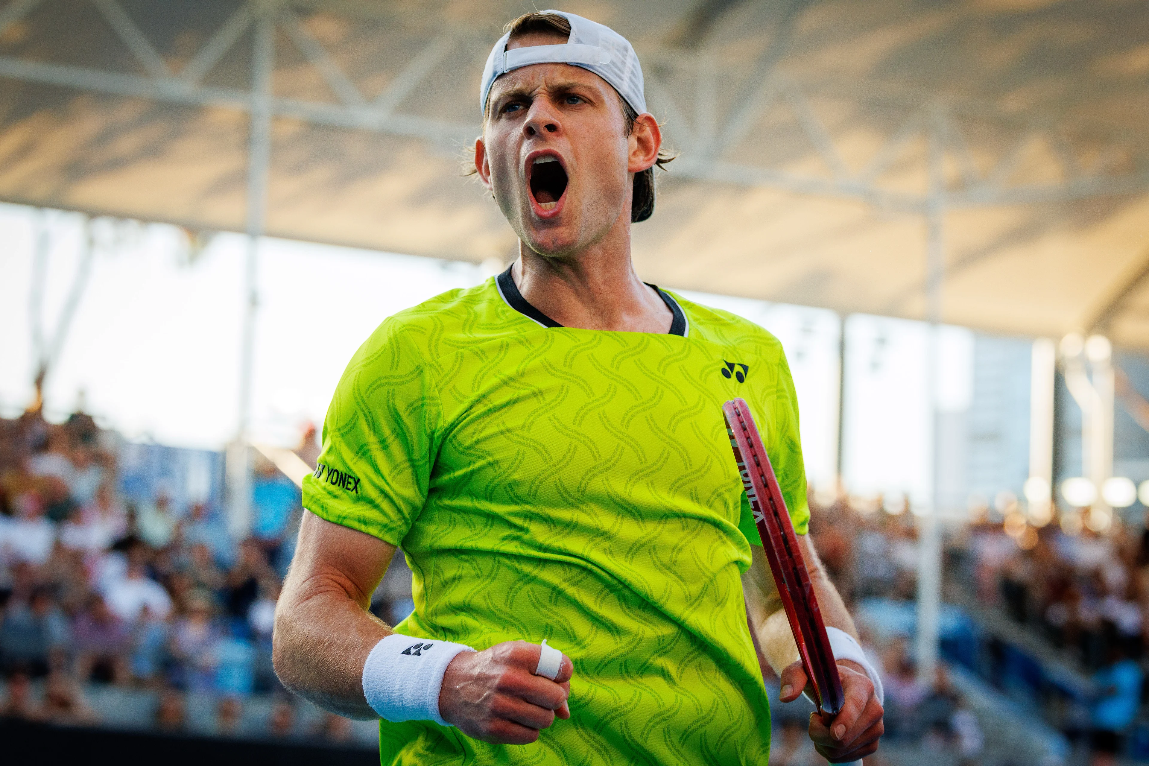 Belgium's Zizou Bergs (ATP 43) pictured in action during a first round match against Poland's Hurkacz (ATP 55) in the men singles at the Australian Open, Melbourne Park, Melbourne on Tuesday 20 January 2026.  BELGA PHOTO PATRICK HAMILTON  --- BENELUX ONLY   ---
