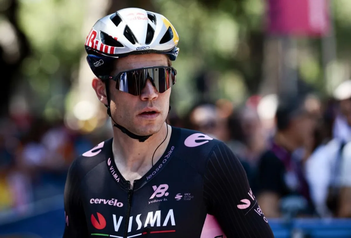 Team Visma-Lease a Bike's Belgian rider Wout Van Aert looks on as he arrives ahead of the 21st stage of the 108th Giro d'Italia cycling race of 143kms from Rome to Rome on June 1, 2025. Luca Bettini / AFP