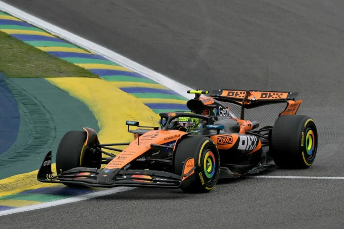McLaren's British driver Lando Norris races in the lead during the Sao Paulo Formula One Grand Prix at the Jose Carlos Pace racetrack, aka Interlagos, in Sao Paulo, Brazil on November 9, 2025. Nelson ALMEIDA / AFP