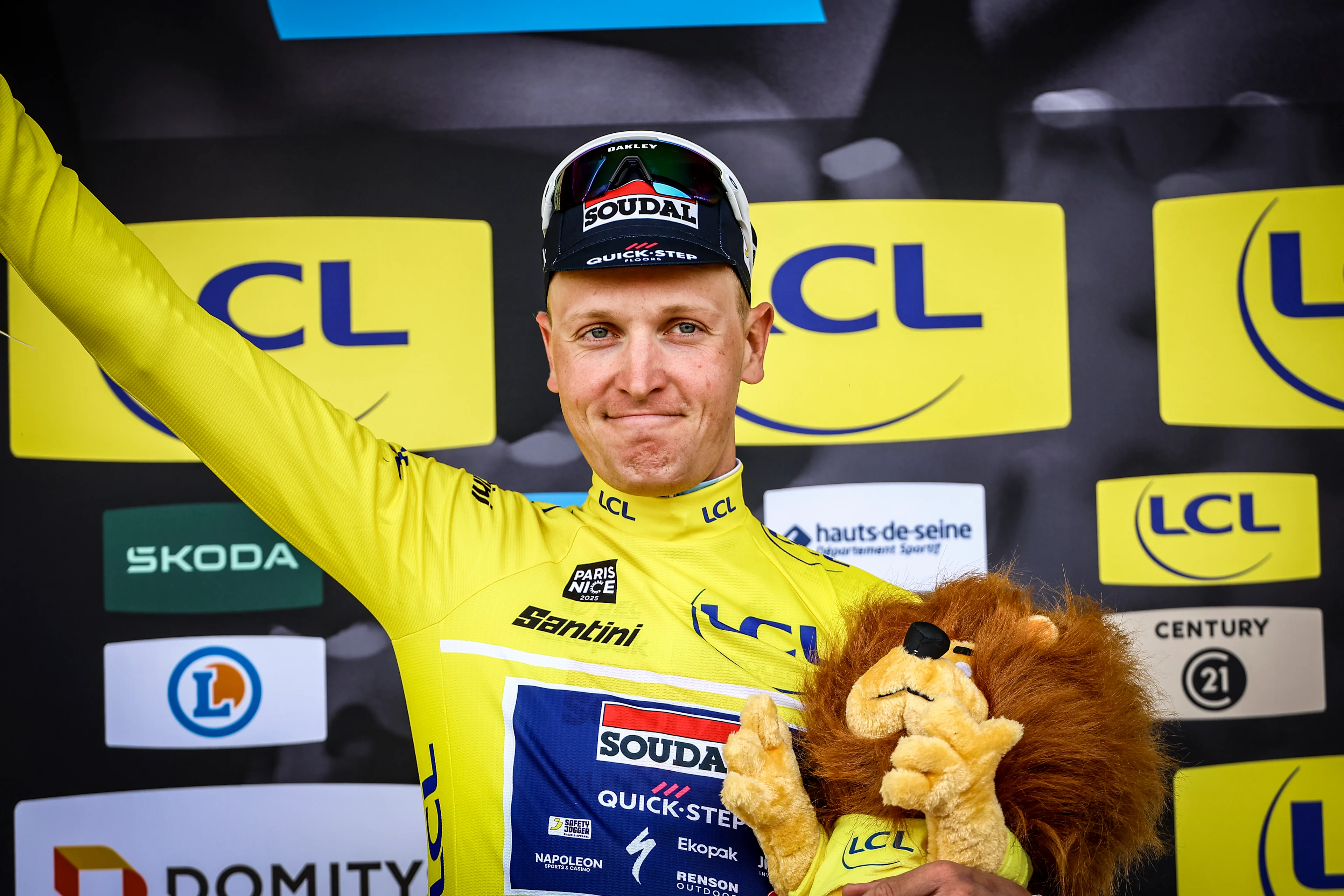 Belgian Tim Merlier of Soudal Quick-Step pictured on the podium after the first stage of 83th edition of the Paris-Nice cycling race, from and to Le Perray-en-Yvelines (156,5km), Sunday 09 March 2025. BELGA PHOTO DAVID PINTENS