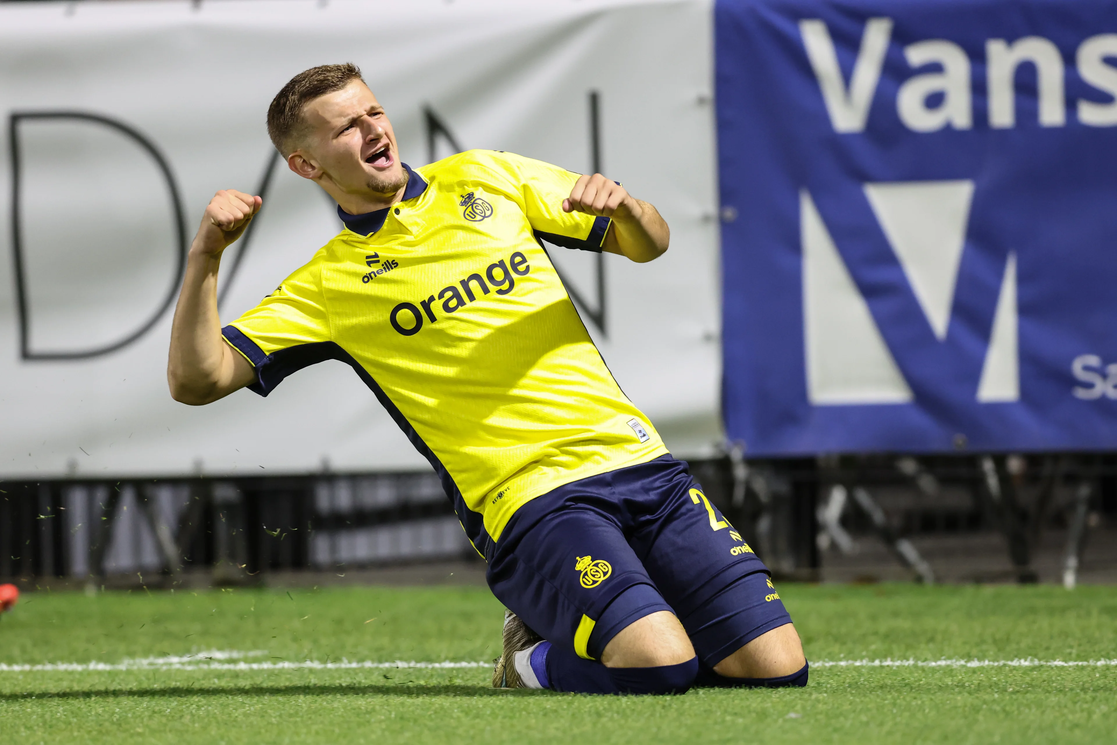 Union's Ilan Hurtevent celebrates after scoring during a soccer match between Royale Union Saint-Gilloise and Lommel SK, Saturday 12 September 2026 in Brussels, on day 6 of the 2026-2027 'Jupiler Pro League' first division of the Belgian championship. BELGA PHOTO BRUNO FAHY