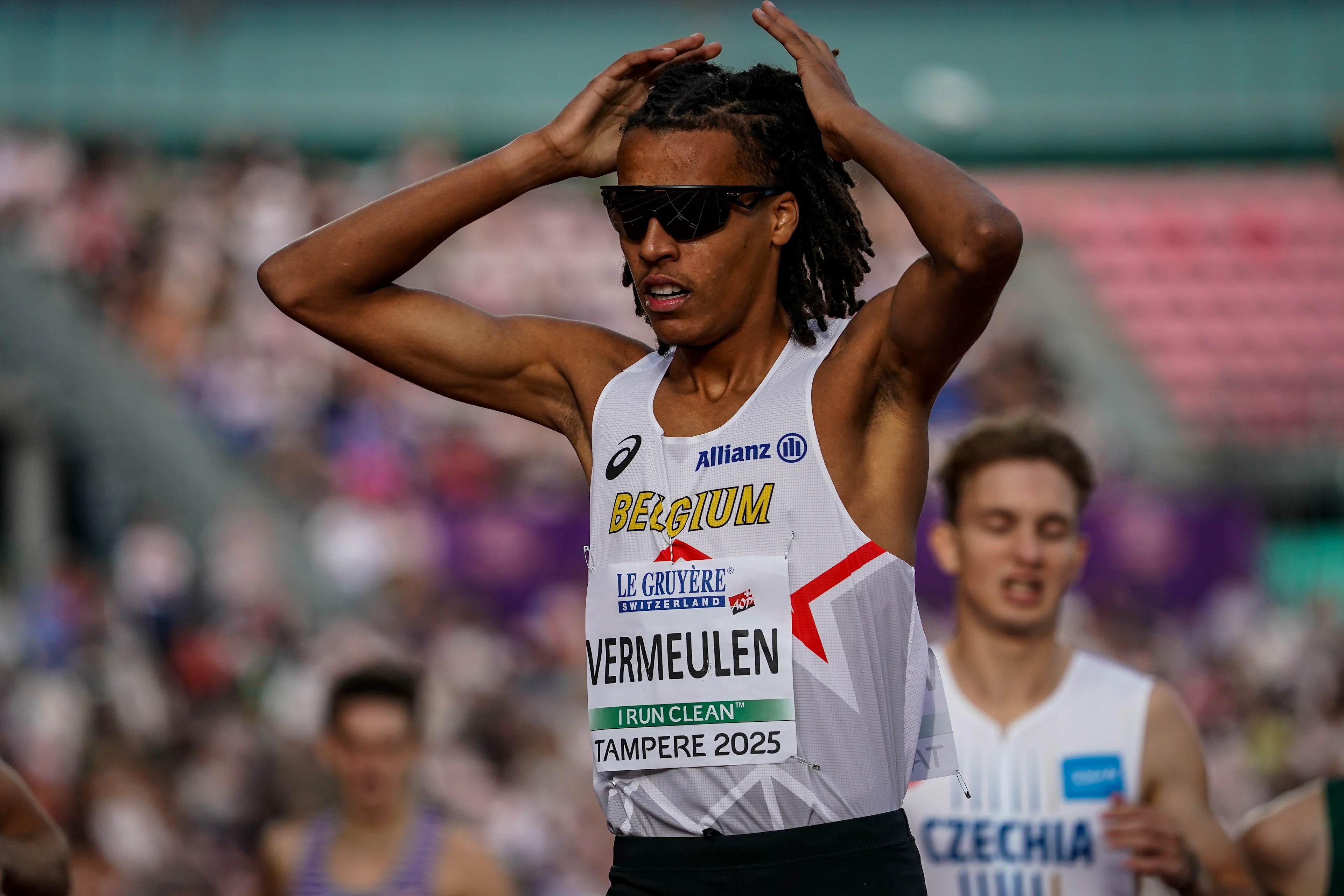 Elliot Vermeulen pictured before the 1500m at the European Athletics U20 Championships, in Tampere, Finland, Sunday 10 August 2025. The European U20 championships take place from 07 to 10 August. BELGA PHOTO COEN SCHILDERMAN