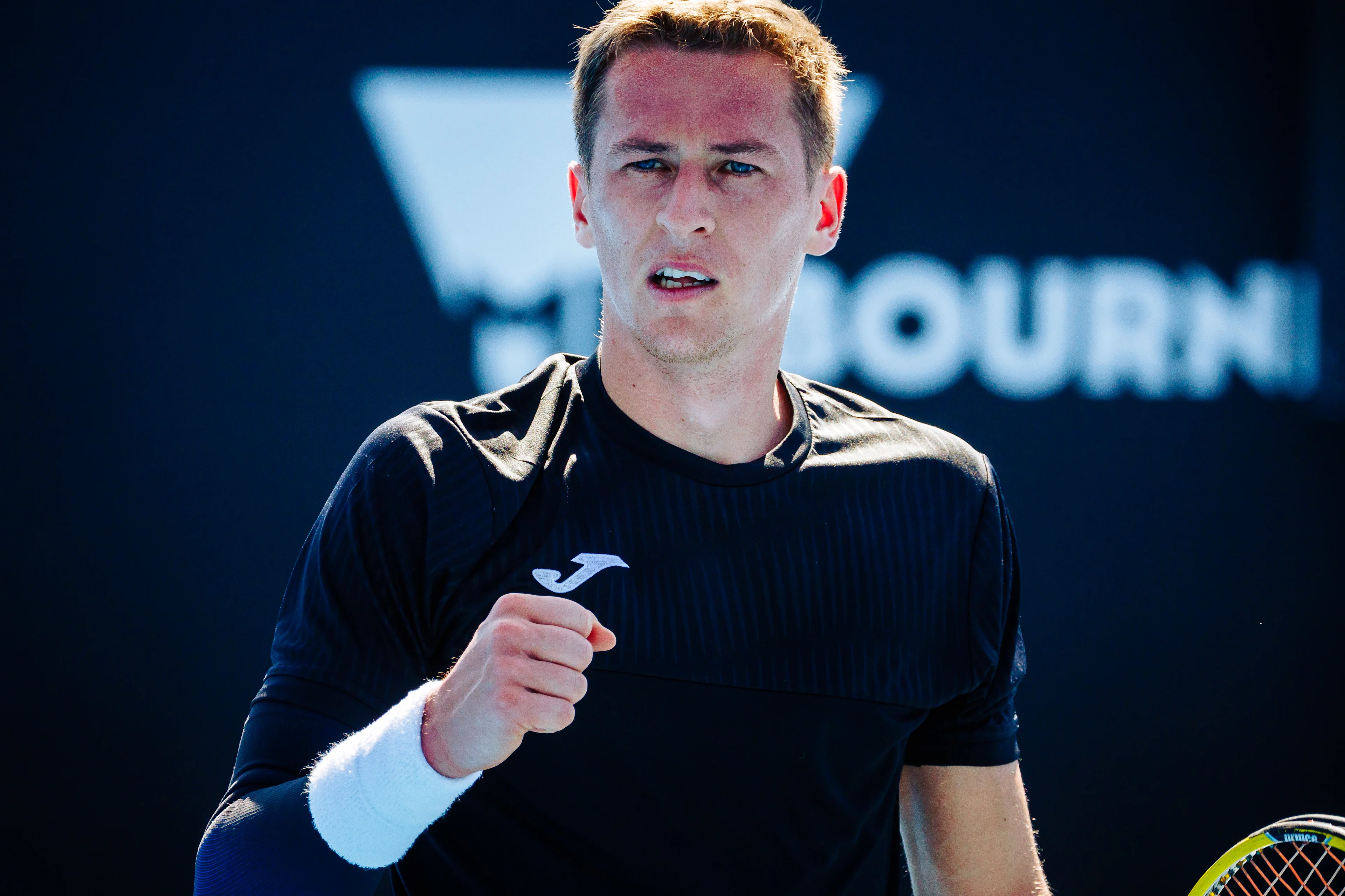 Kimmer Coppejans (ATP 183) reacts during a men's qualifying singles first round game between Argentina's Tirante Belgian Coppejans, at the 'Australian Open' Grand Slam tennis tournament, Tuesday 09 January 2024 in Melbourne Park, Melbourne, Australia. The 2024 edition of the Australian Grand Slam takes place from January 14th to January 28th. BELGA PHOTO PATRICK HAMILTON