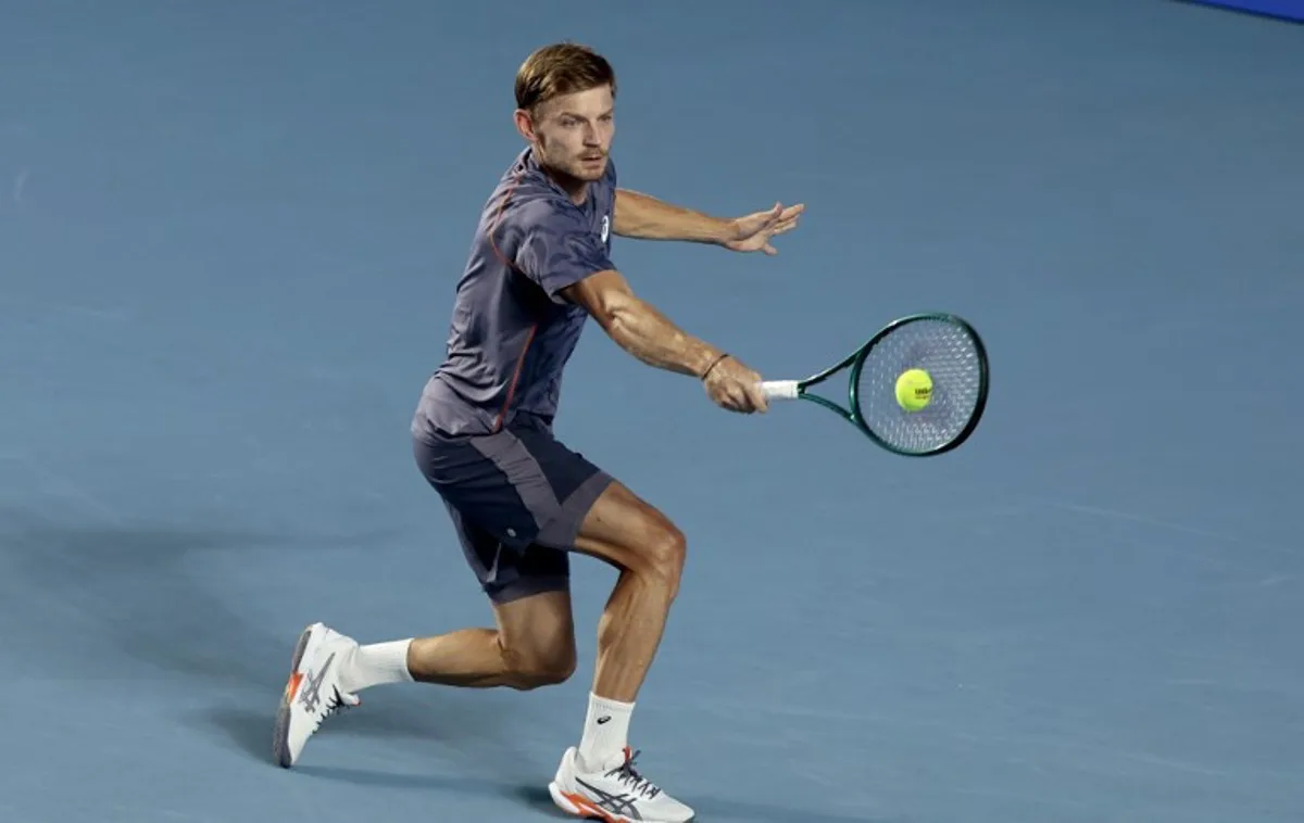 Belgium's David Goffin returns the ball to Czech Republic's Tomas Machac during the Ultimate Tennis showdown final singles tennis match in Guadalajara, Jalisco State, Mexico, on February 16, 2025.  Ulises Ruiz / AFP