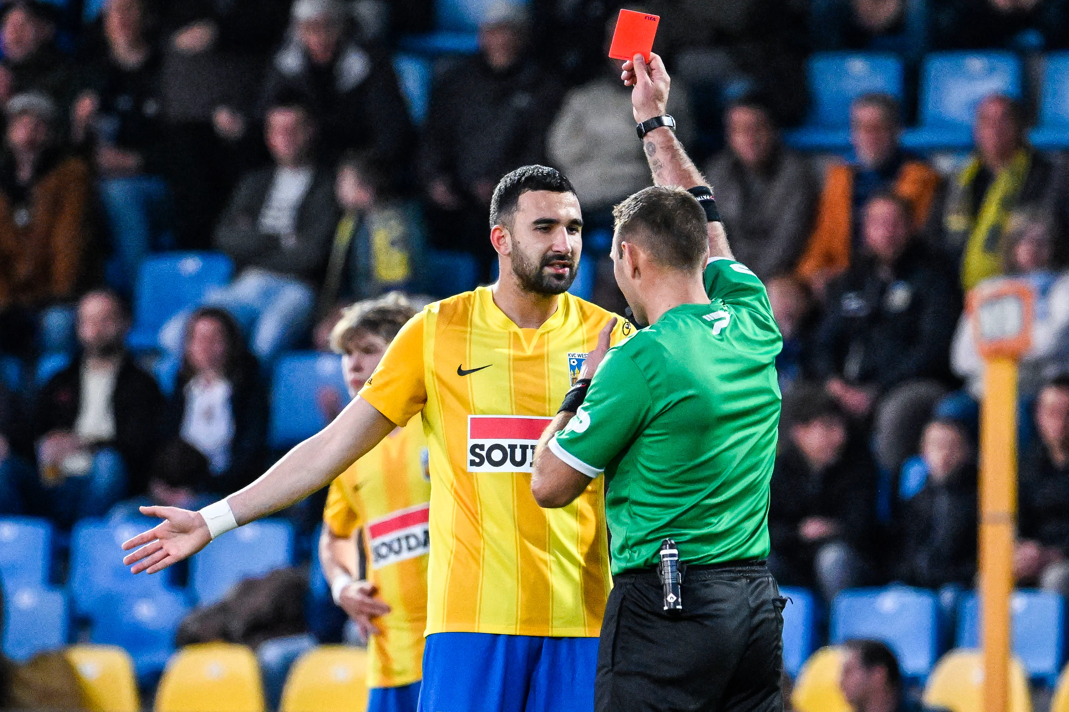 Westerlo's Emin Bayram receives a red card from referee Nicolas Laforge during a soccer match between KVC Westerlo and Royals Antwerp FC, Saturday 25 April 2026 in Westerlo, on day 5 of the Europe Play-offs (PO2) of the 2025-2026 'Jupiler Pro League' first division of the Belgian championship. BELGA PHOTO TOM GOYVAERTS