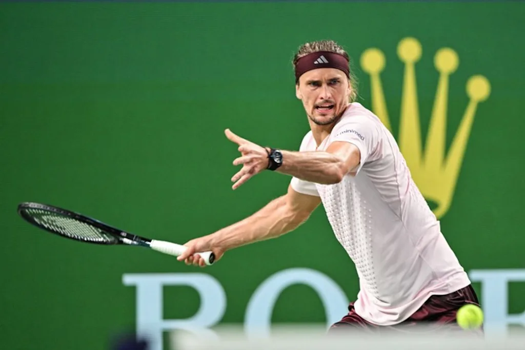 Germany's Alexander Zverev hits a return to France's Quentin Halys during their men's singles match at the Shanghai Masters tennis tournament in Shanghai on October 11, 2026. Hector RETAMAL / AFP