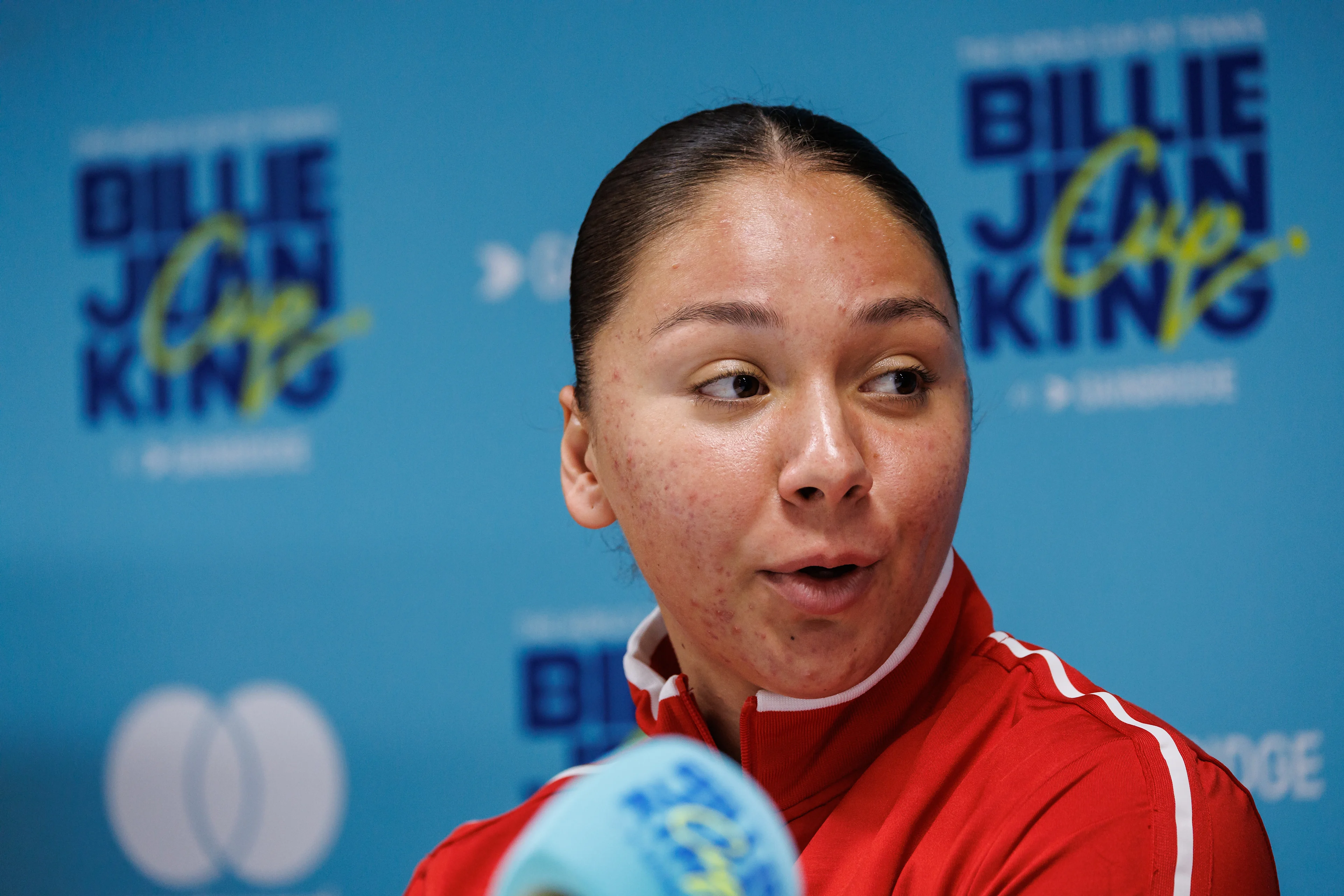 Belgian Sofia Costoulas pictured during a press conference of Belgian team ahead of the meeting between Belgium and USA, in the qualifiers of the Billie Jean King Cup tennis, in Oostende, Belgium, on Tuesday 07 April 2026. The game will be played on 10 and 11th April. PHOTO KURT DESPLENTER