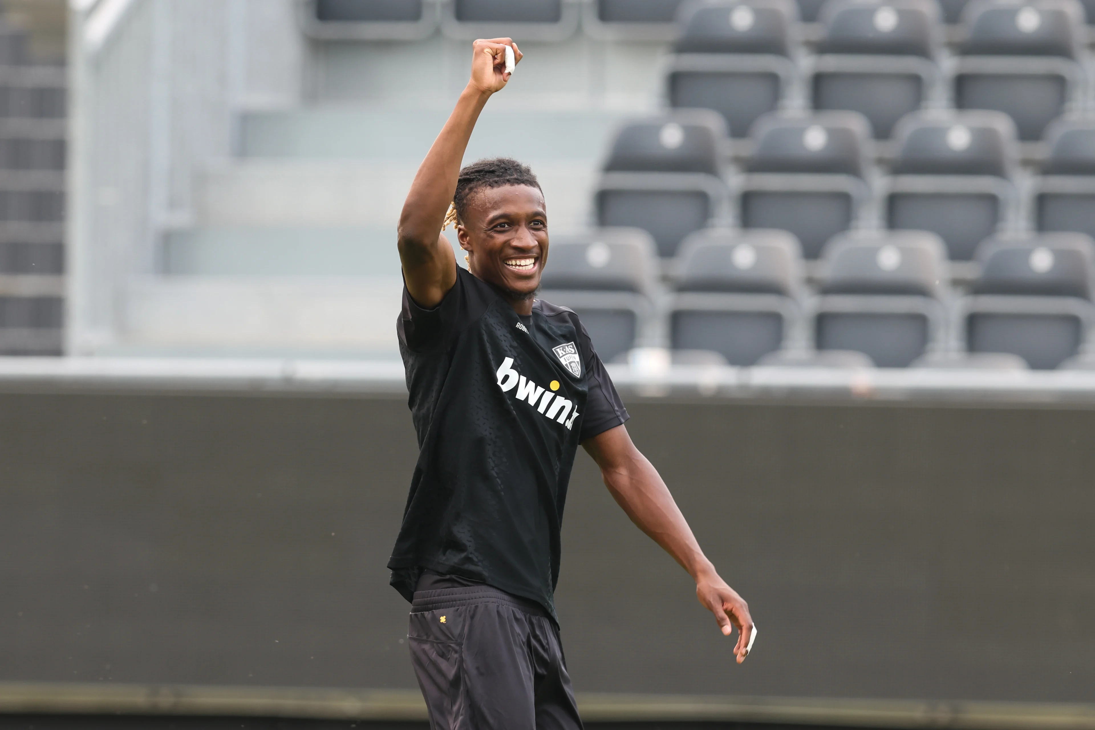 Eupen's Chris-Kevin Nadje celebrates after scoring during a soccer match between KAS Eupen and Jong Genk, Saturday 15 August 2026 in Eupen, on day 1 of the 2026-2027 'Challenger Pro League' second division of the Belgian championship. BELGA PHOTO BRUNO FAHY