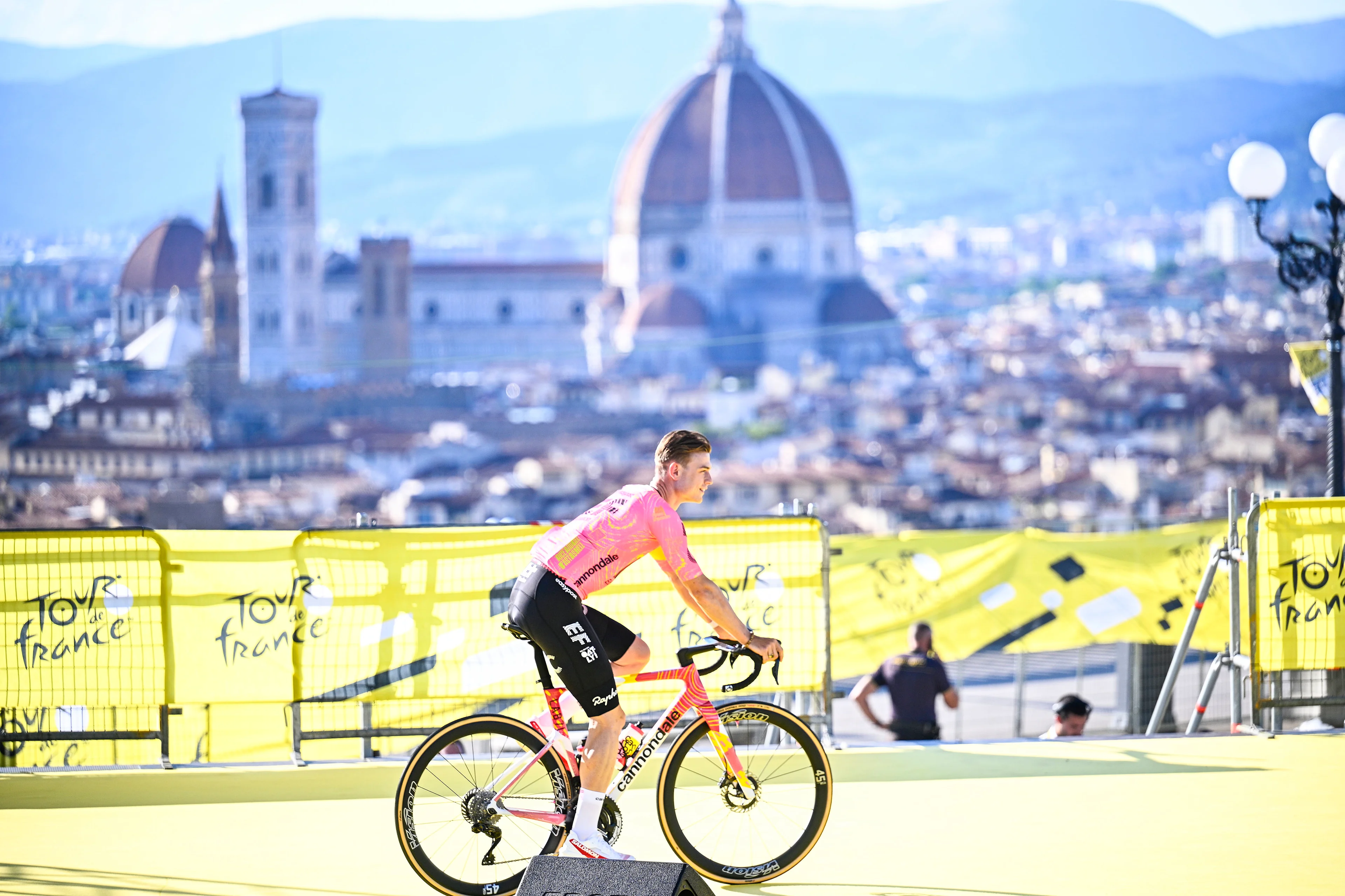 Dutch Marijn van den Berg of EF Education-EasyPost pictured at the start of the team presentation ahead of the 2024 Tour de France cycling race, in Florence, Italy, Thursday 27 June 2024. The 111th edition of the Tour de France starts on Saturday 29 June in Florence, Italy, and will finish in Nice, France on 21 July. BELGA PHOTO JASPER JACOBS