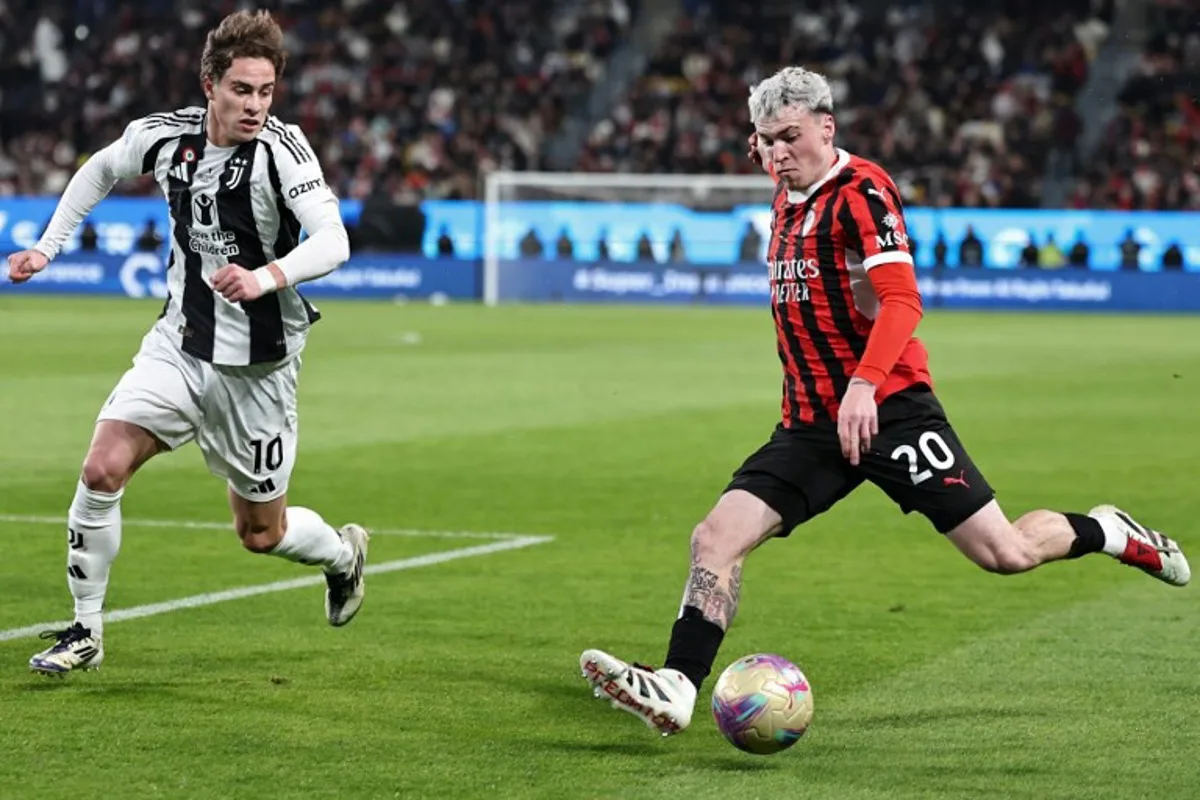 Juventus' Turkish midfielder #10 Kenan Yildiz vies for the ball against AC Milan's Spanish defender #20 Alejandro Jimenez Sanchez during the Italian Super Cup semi-final football match between Juventus and AC Milan at the Al-Awwal Park in Riyadh on January 3, 2025.  FADEL SENNA / AFP