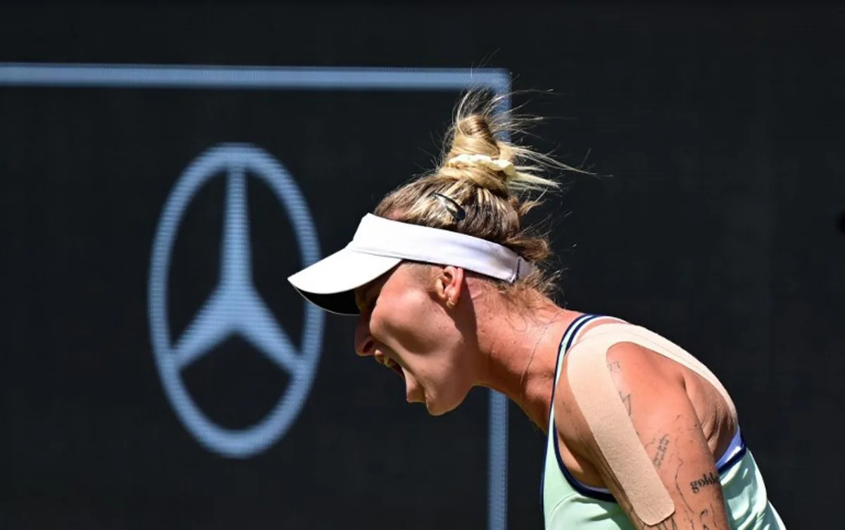 Czech Republic's Marketa Vondrousova reacts during the women's single final match against China's Wang Xinyu at the WTA tennis tournament in Berlin on June 22, 2025. Tobias SCHWARZ / AFP