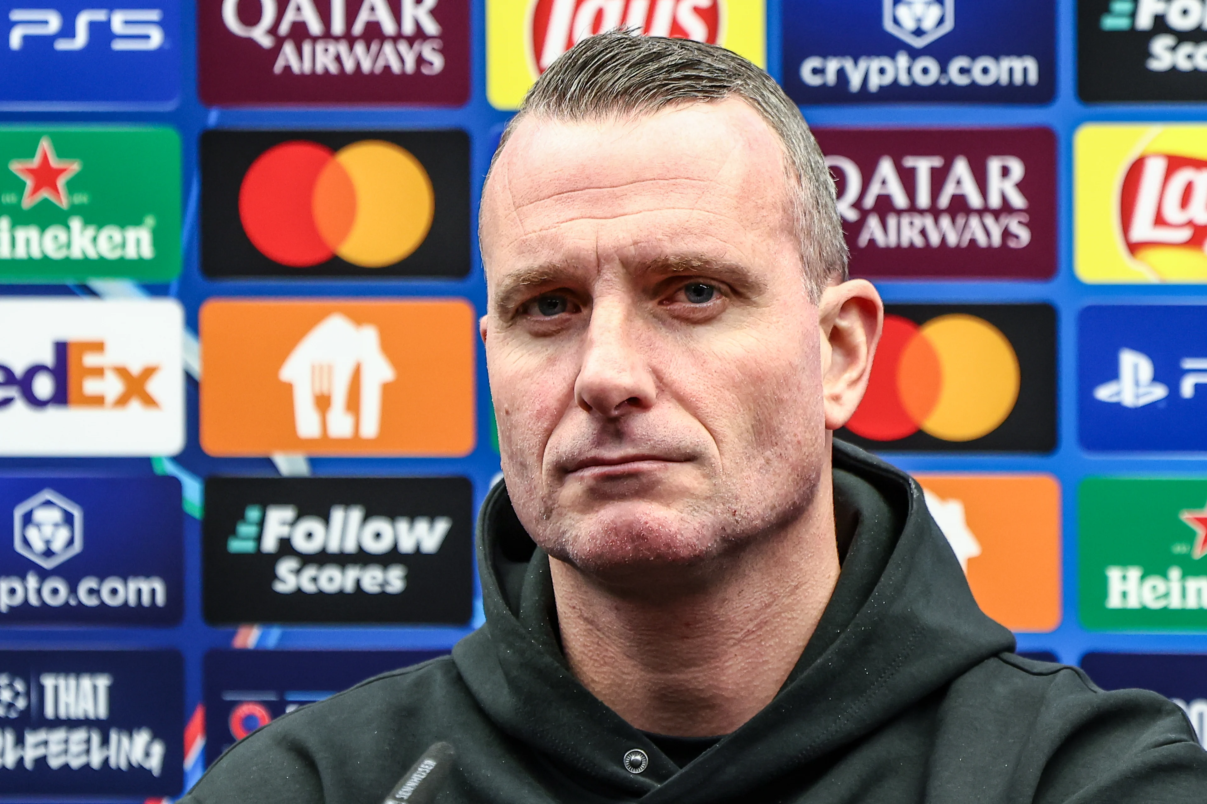 Club's head coach Nicky Hayen pictured during a press conference of Belgian Club Brugge KV, Monday 20 January 2025 in Brugge. Tomorrow, they will play against Italian club Juventus, on the seventh day (out of 8) of the UEFA Champions League league phase. BELGA PHOTO BRUNO FAHY