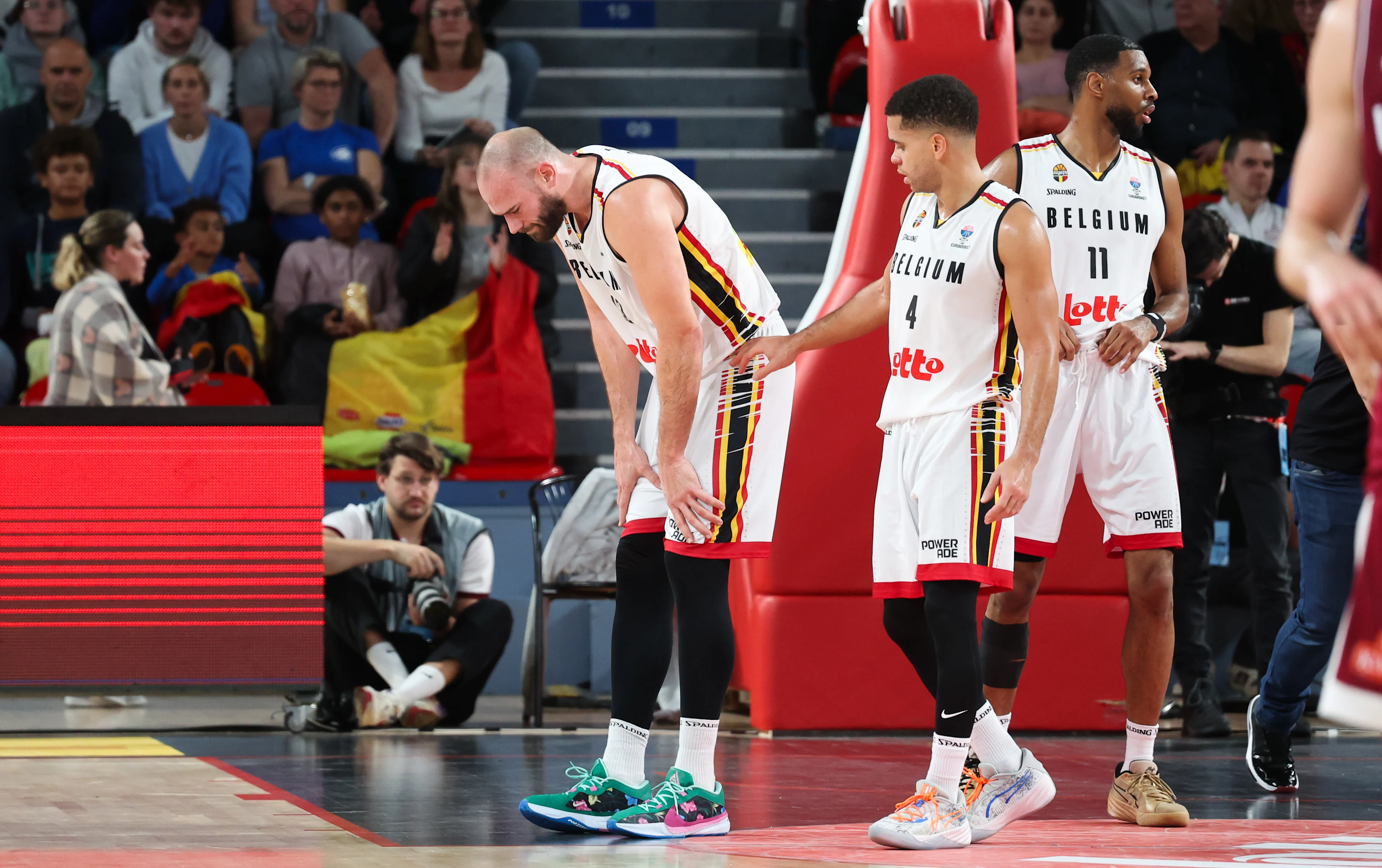 Belgium's Pierre-Antoine Gillet looks dejected during a basketball match between Belgium's national team Belgian Lions and Latvia, Monday 25 November 2024 in Charleroi, game 4/6 in the group stage of the qualifications for the Eurobasket 2025 European championships. BELGA PHOTO VIRGINIE LEFOUR