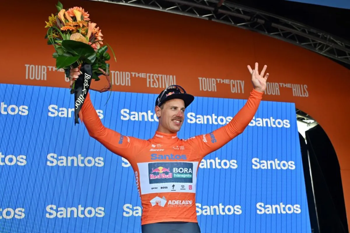 Red Bull-Bora-Hansgrohe's Australian rider Sam Welsford reacts after winning stage one of the Tour Down Under cycling race in Adelaide on January 21, 2025.  Brenton Edwards / AFP