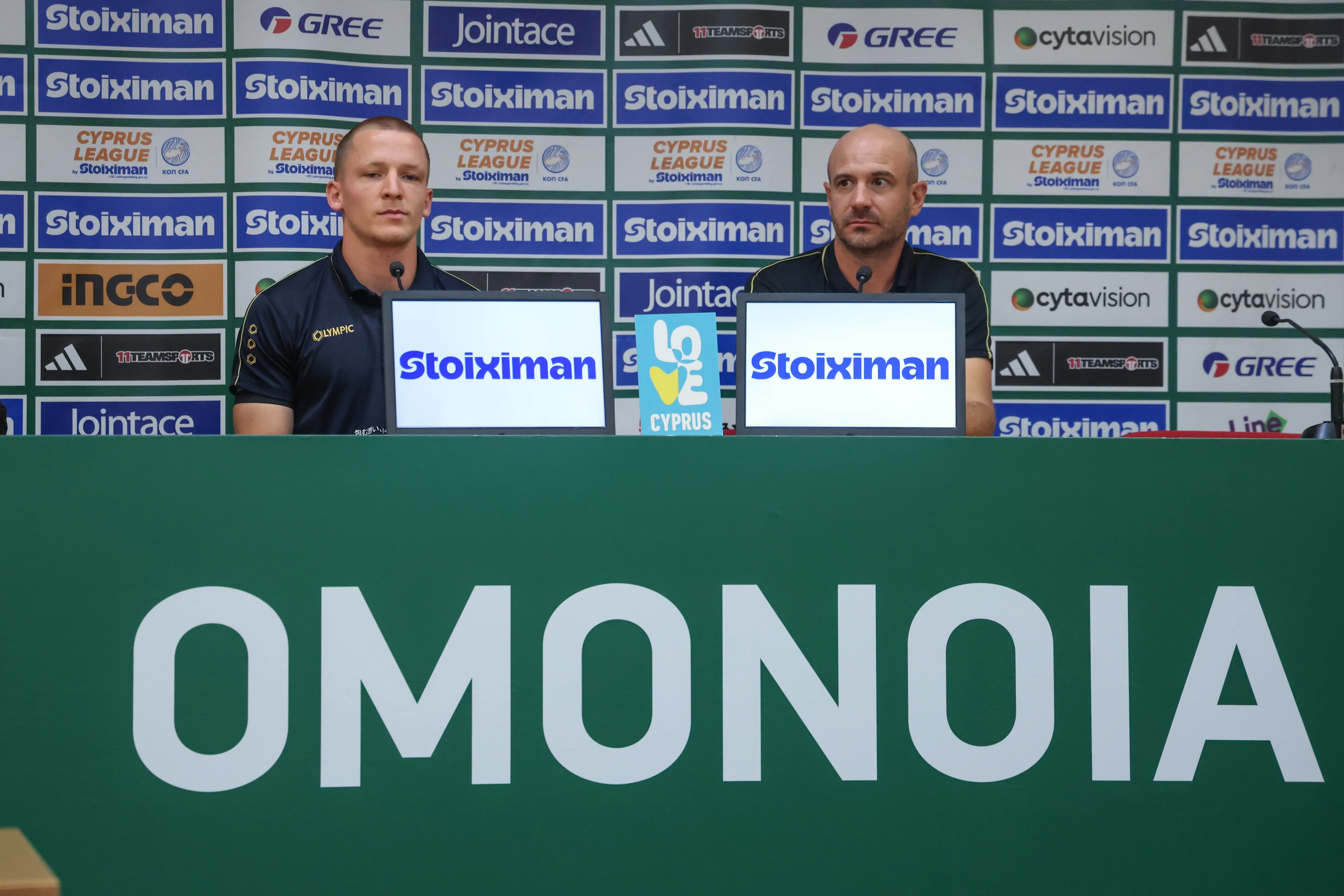 STVV's Robert-Jan Vanwesemael and STVV's head coach Frederic De Meyer are pictured during a press conference of Belgian soccer team Sint-Truidense V.V., Wednesday 26 August 2026 in Nicosie, Cyprus, in preparations of the return leg of the play-off round for the UEFA Europa League league phase, against Cypriot team AC Omonoia Nicosia. STVV won the first leg 1-0. BELGA PHOTO BRUNO FAHY
