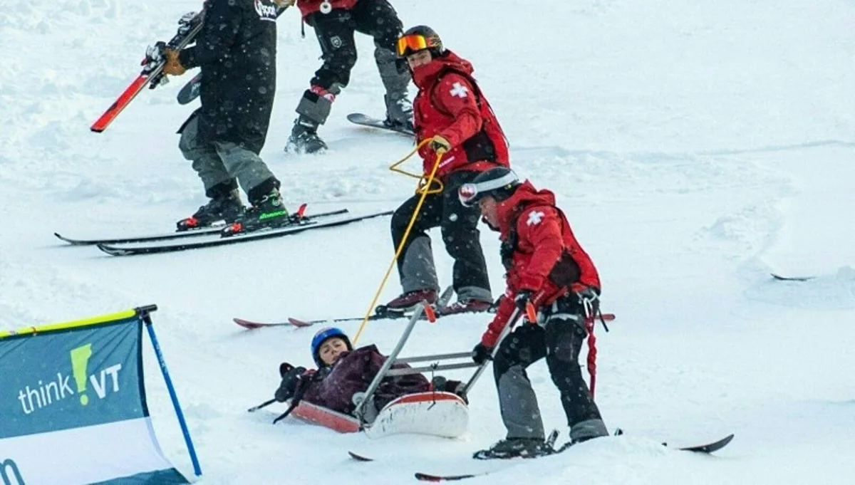 Mikaela Shiffrin of team USA is taken away by ski patrol medics after crashing in the 2024/2025 Women's World Cup Giant Slalom in Killington, Vermont, on November 30, 2024.  Joseph Prezioso / AFP