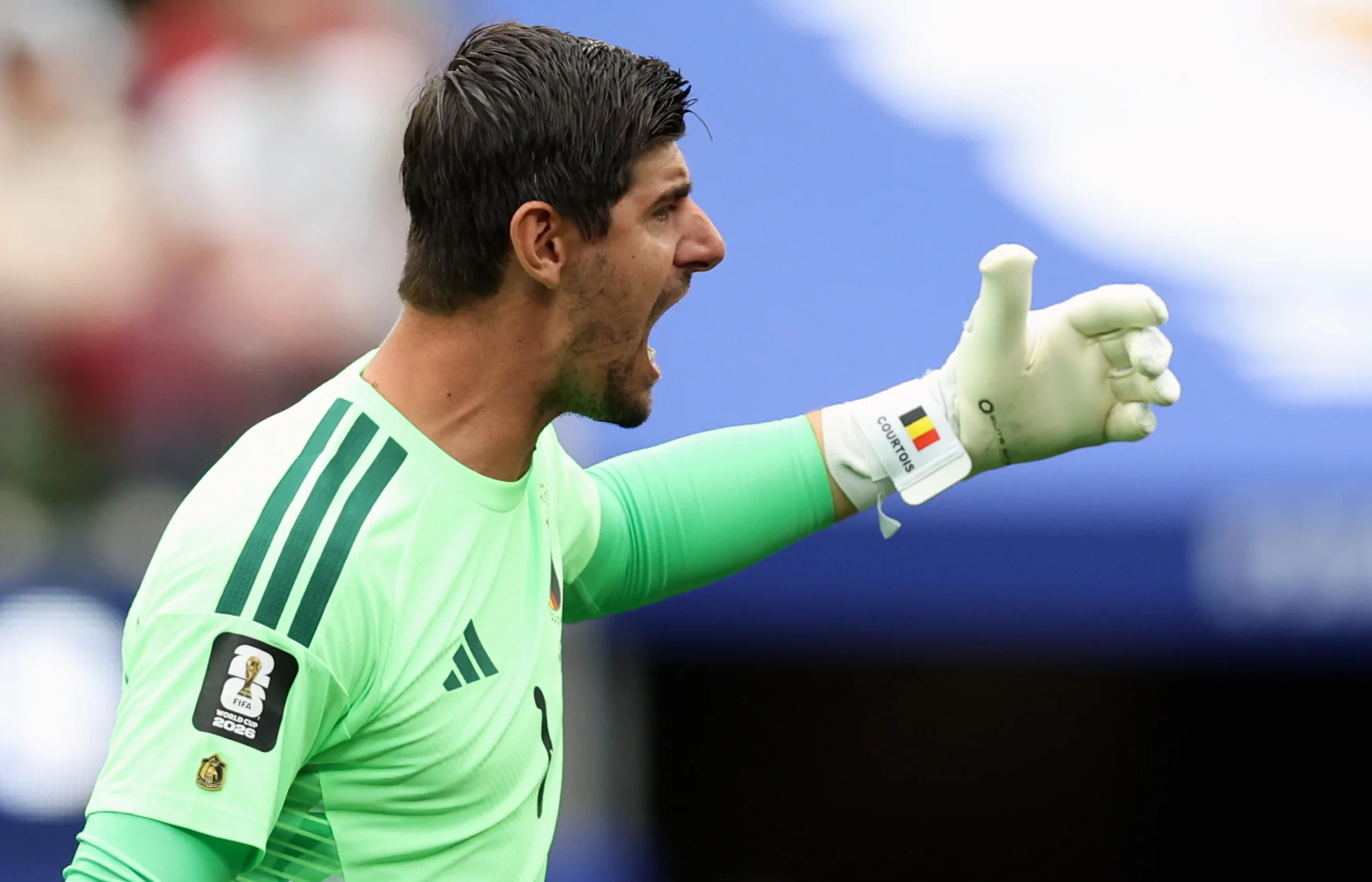 Belgium's goalkeeper Thibaut Courtois reacts during a soccer game between Belgian national team Red Devils and Iran, on Sunday 21 June 2026, at the SoFi stadium in Los Angeles, the second game in the group stage of the FIFA World Cup 2026 in the United States of America. The Diables Rouges - Rode Duivels were drawn into Group G. BELGA PHOTO BRUNO FAHY