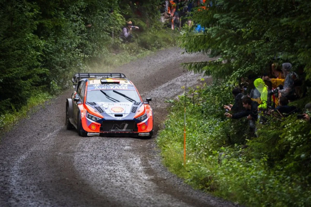 Belgian driver Thierry Neuville and co-driver Martijn Wydaeghe compete in their Hyundai i20 N Rally 1 car during the Parkkola 2 special stage of the WRC Rally Finland in Jyvaskyla, Finland on August 2, 2025. Valtteri Vainio / Lehtikuva / AFP