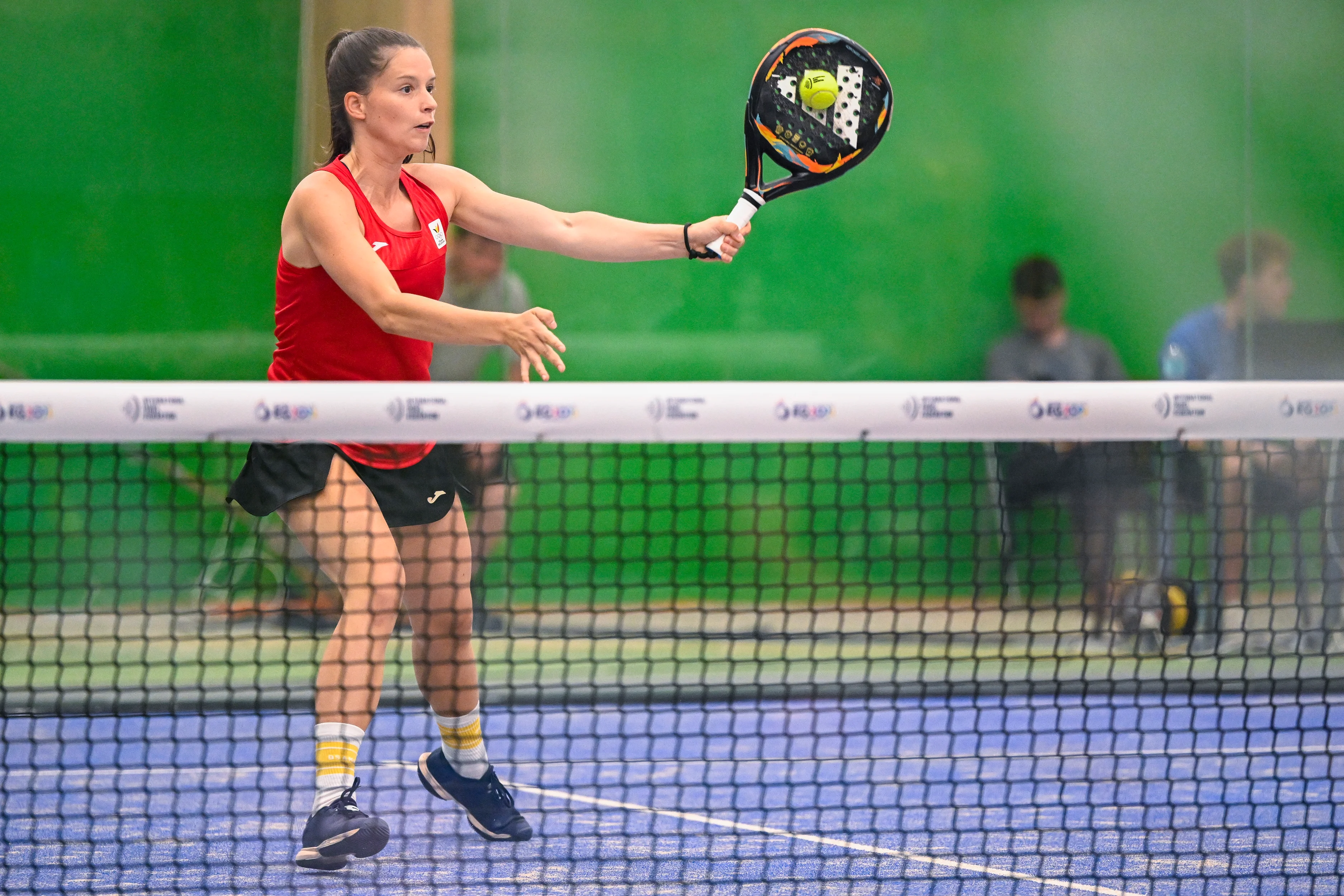 Padel player Dorien Cuypers pictured in action during a women doubles first round game in the padel competition between Belgian pair Cuypers-Boeykens and Dutch pair Weterings-Koek at the European Games, in Krakow, Poland, Wednesday 21 June 2023. The 3rd European Games, informally known as Krakow-Malopolska 2023, is a scheduled international sporting event that will be held from 21 June to 02 July 2023 in Krakow and Malopolska, Poland. BELGA PHOTO LAURIE DIEFFEMBACQ