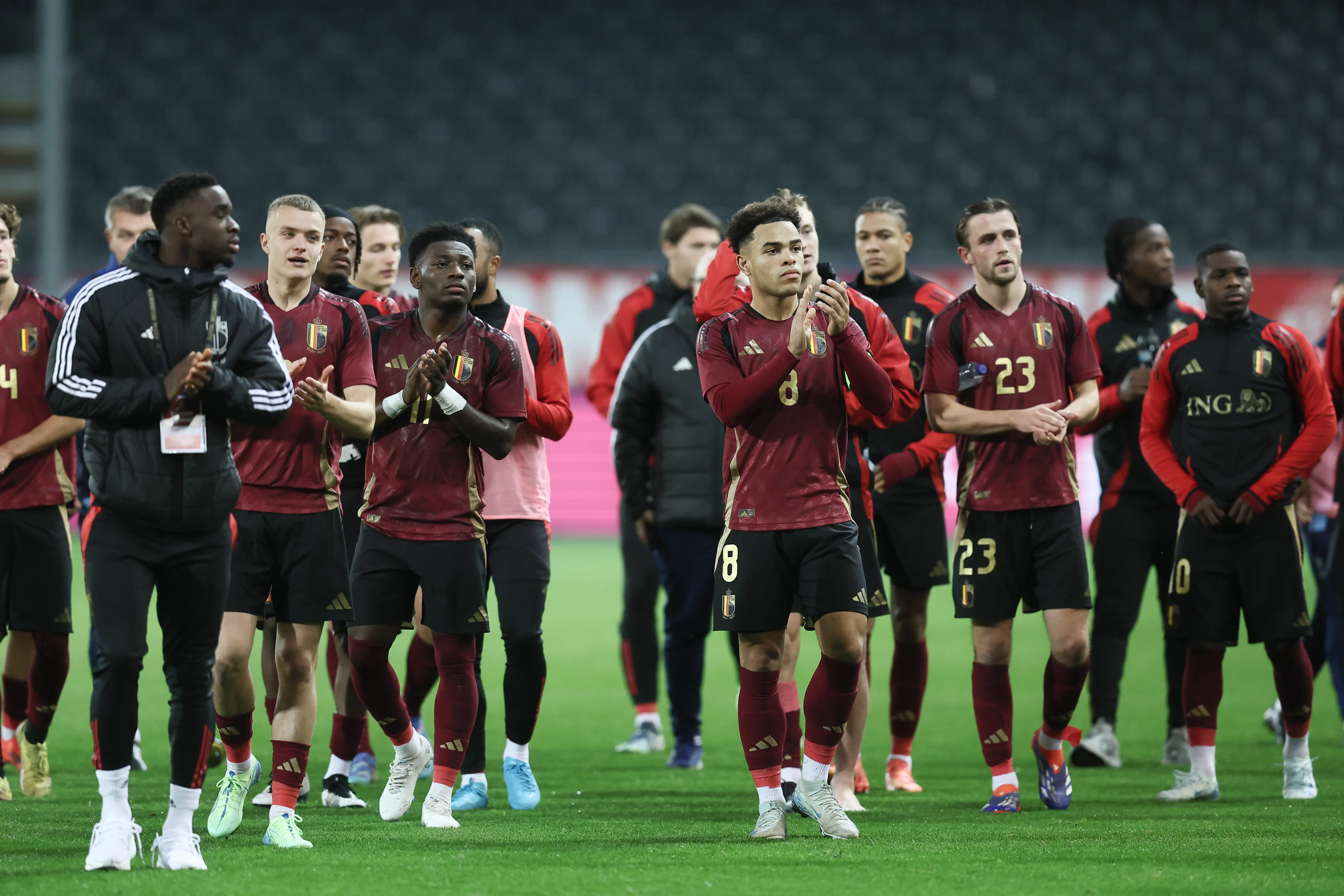 Belgium's players look dejected after a soccer game between the U21 youth team of the Belgian national team Red Devils and the U21 of Hungary, Tuesday 15 October 2024 in Heverlee, Leuven, the last qualification match (10/10) for the 2025 UEFA European Under21 Championship. BELGA PHOTO BRUNO FAHY