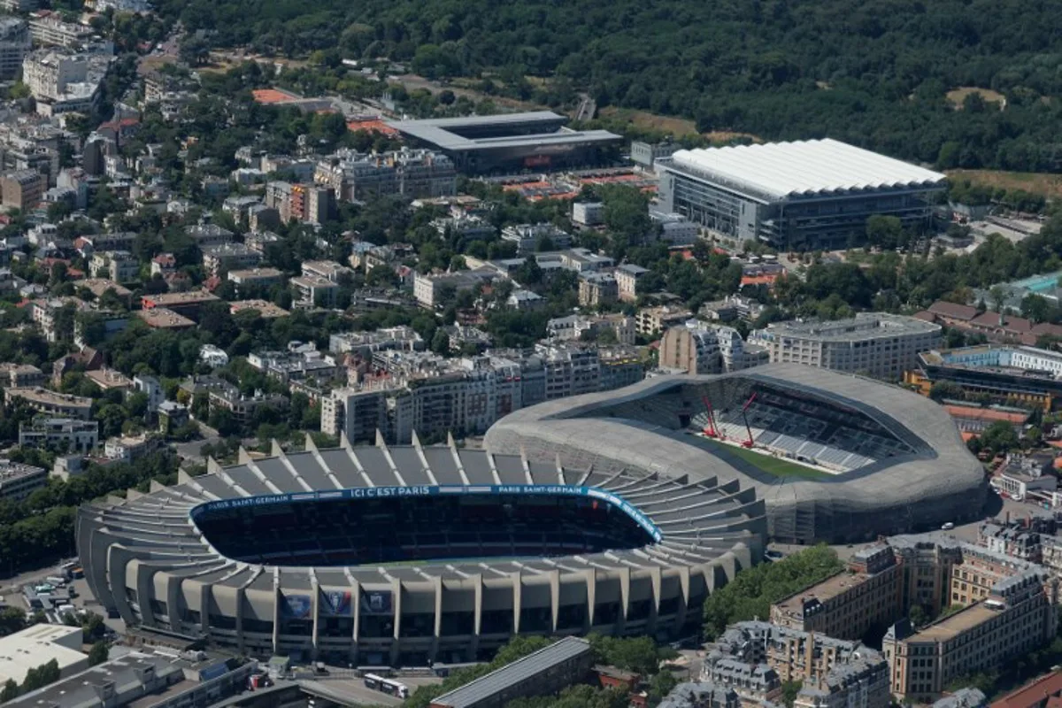 This aerial picture taken on June 17, 2026 shows a view of the Parc des Princes (L) and Jean Bouin (R) stadiums in Paris.  Thomas SAMSON / AFP