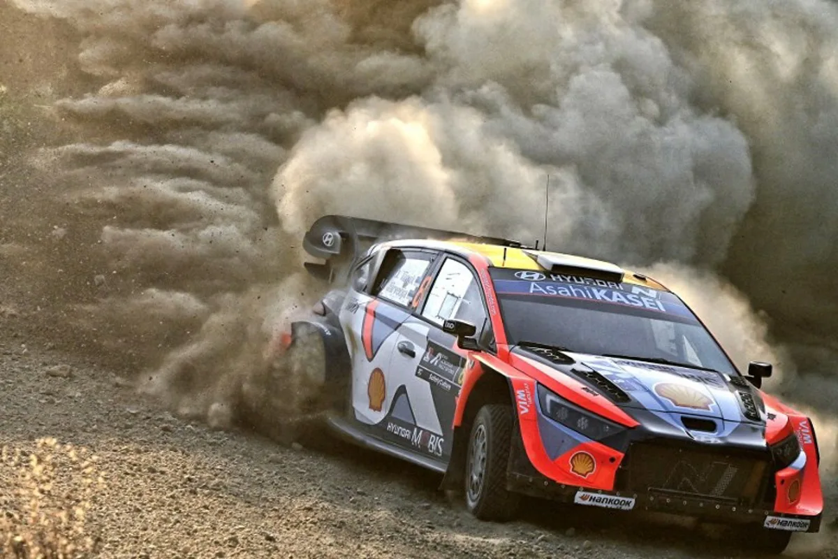 Estonia's Ott Tanak and his co-driver Martin Jarveoja driver their Hyundai i20 N Rally1 at the special stage Agioi Theodoroi during the Acropolis Rally in Agioi Theodoroi on June 27, 2025. Valerie GACHE / AFP