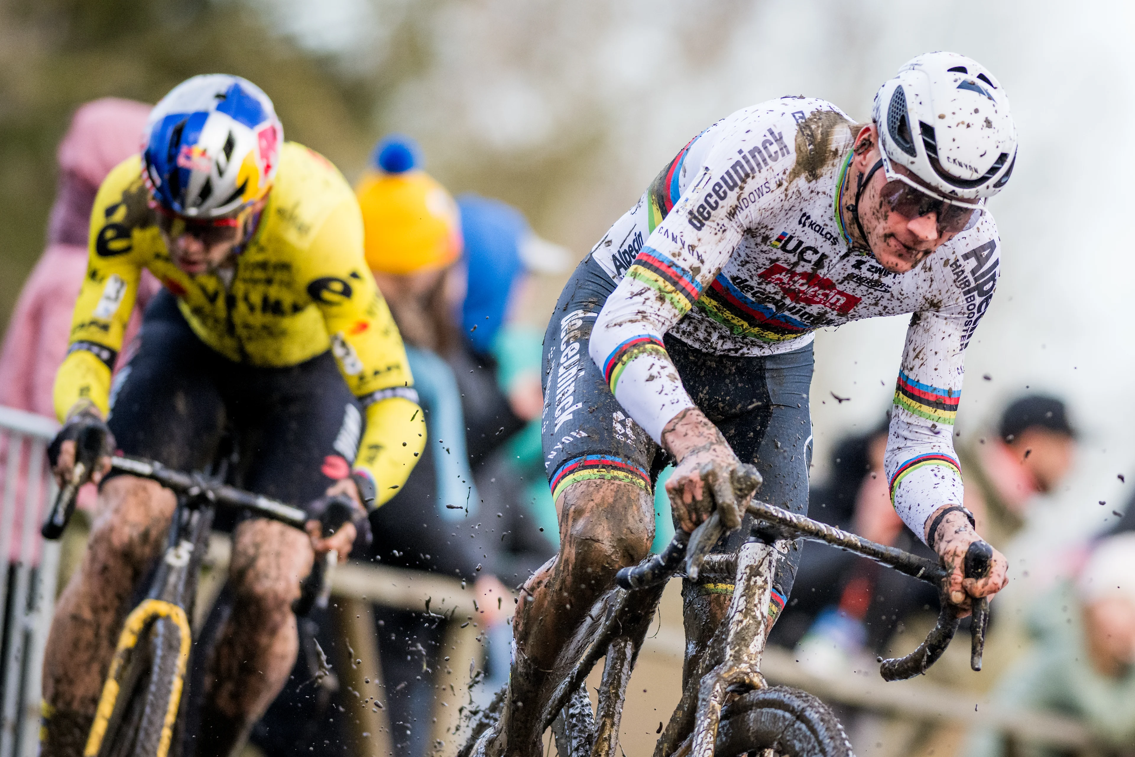 Dutch Mathieu Van Der Poel and Belgian Wout van Aert pictured in action during the men's elite race of the 'GP Sven Nys' cyclocross cycling event on Monday 01 January 2024 in Baal, stage 4/8 in the X2O Badkamers 'Trofee Veldrijden' competition. BELGA PHOTO JASPER JACOBS