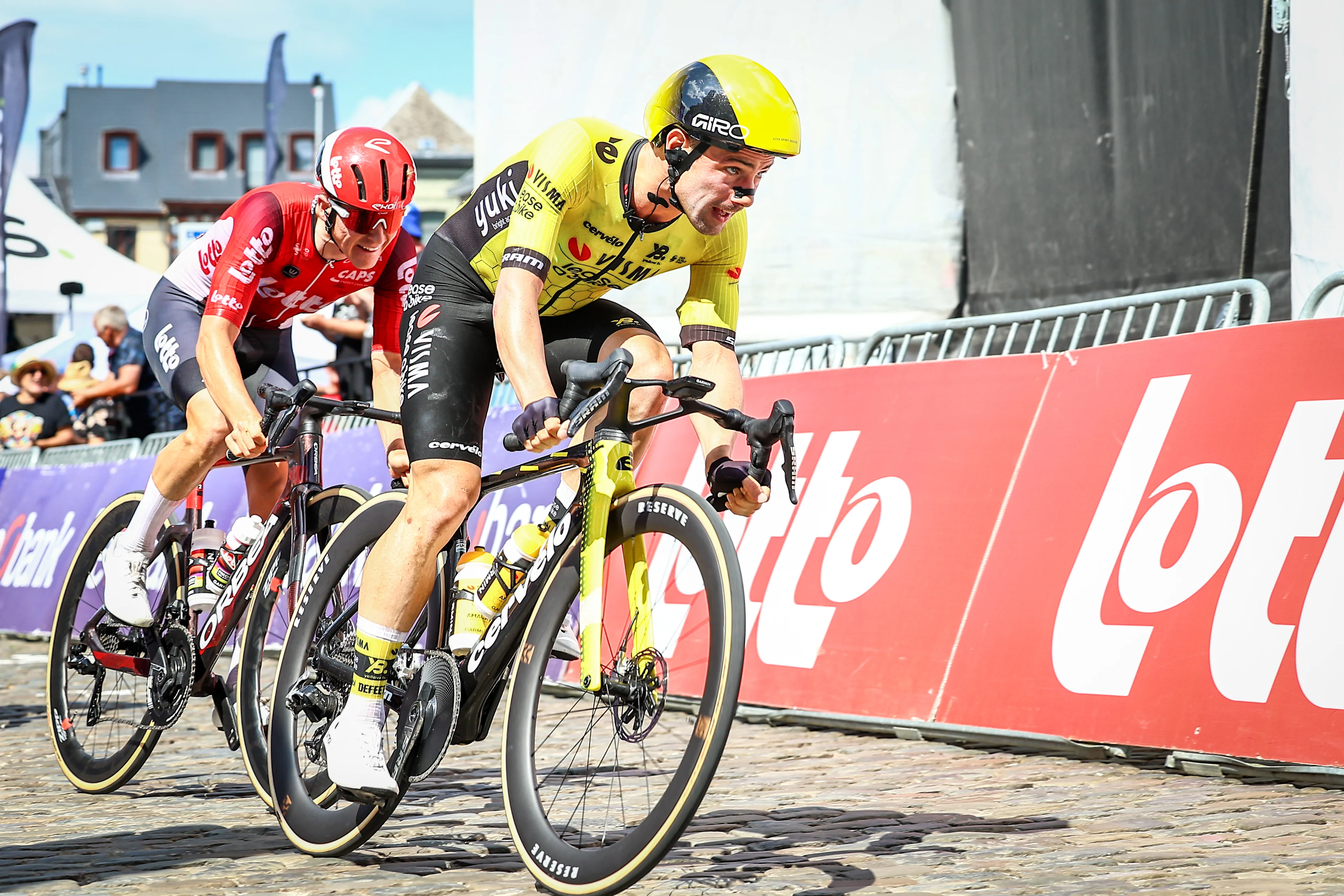 Belgian Victor Campenaerts of Team Visma-Lease a Bike pictured in action during the men's elite road race of the Belgian Cycling Championships, 230km from and to the Grand Place square in Binche on Sunday 29 June 2025. BELGA PHOTO DAVID PINTENS