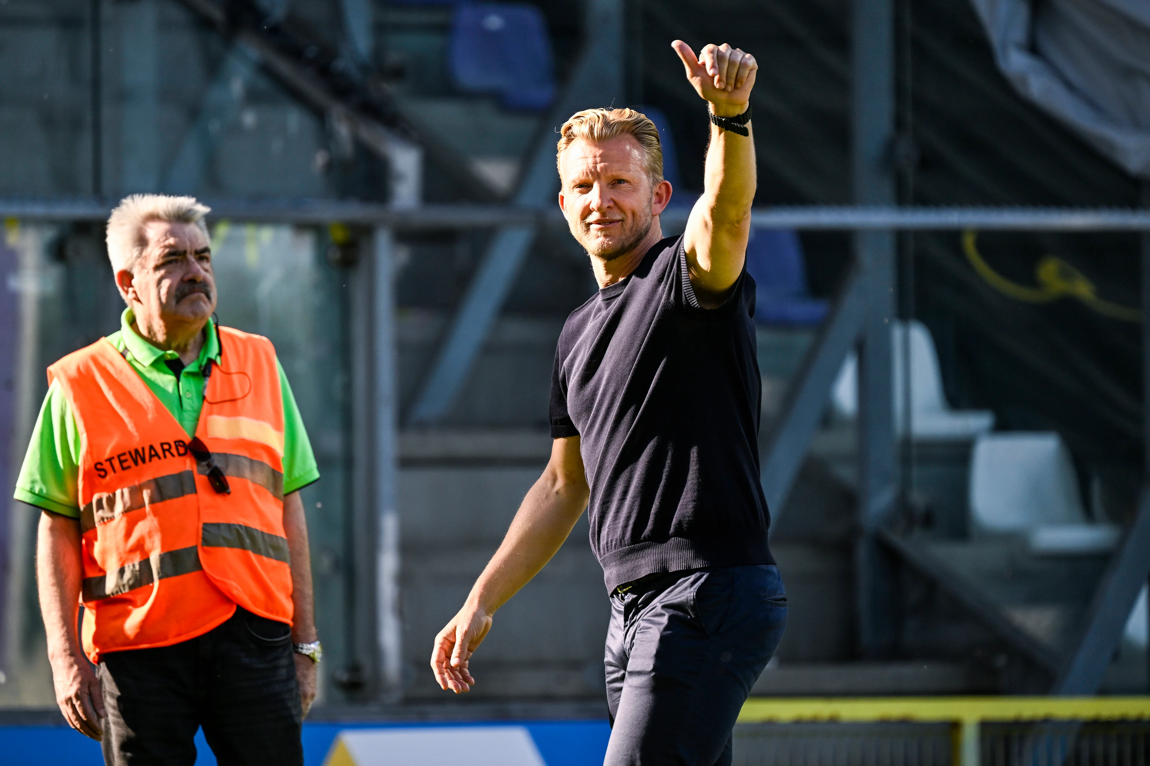 Beerschot's head coach Dirk Kuyt celebrates after winning a soccer match between Beerschot VA and Cercle Brugge, Saturday 10 May 2025 in Antwerp, on day 6 (out of 6) of the Relegation Play-offs of the 2024-2025 'Jupiler Pro League' first division of the Belgian championship. BELGA PHOTO TOM GOYVAERTS