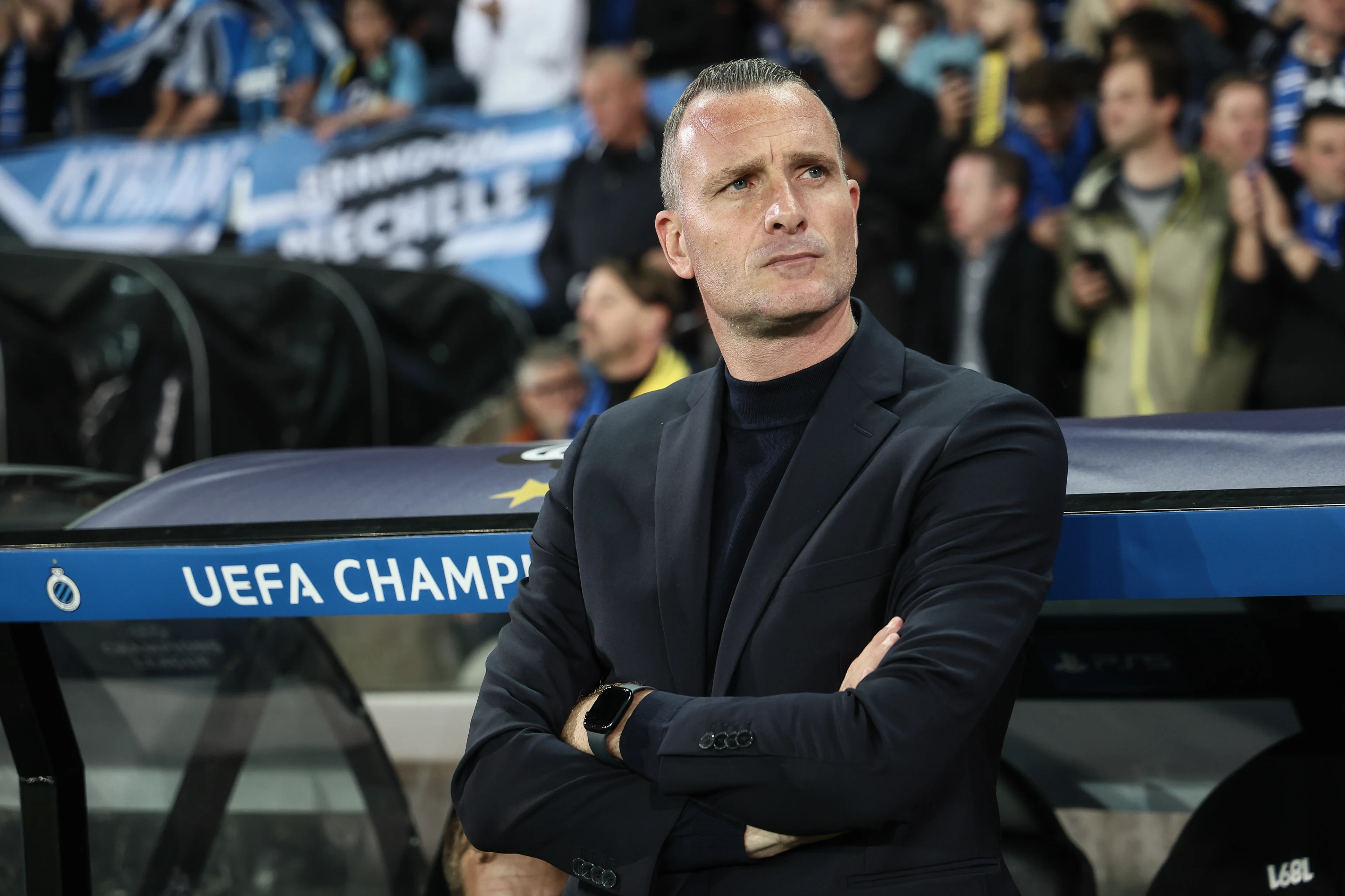 Club's head coach Nicky Hayen pictured at the start of a soccer game between Belgian Club Brugge KV and German Borussia Dortmund, Wednesday 18 September 2024 in Brugge, on the day one of the UEFA Champions League league phase. BELGA PHOTO BRUNO FAHY