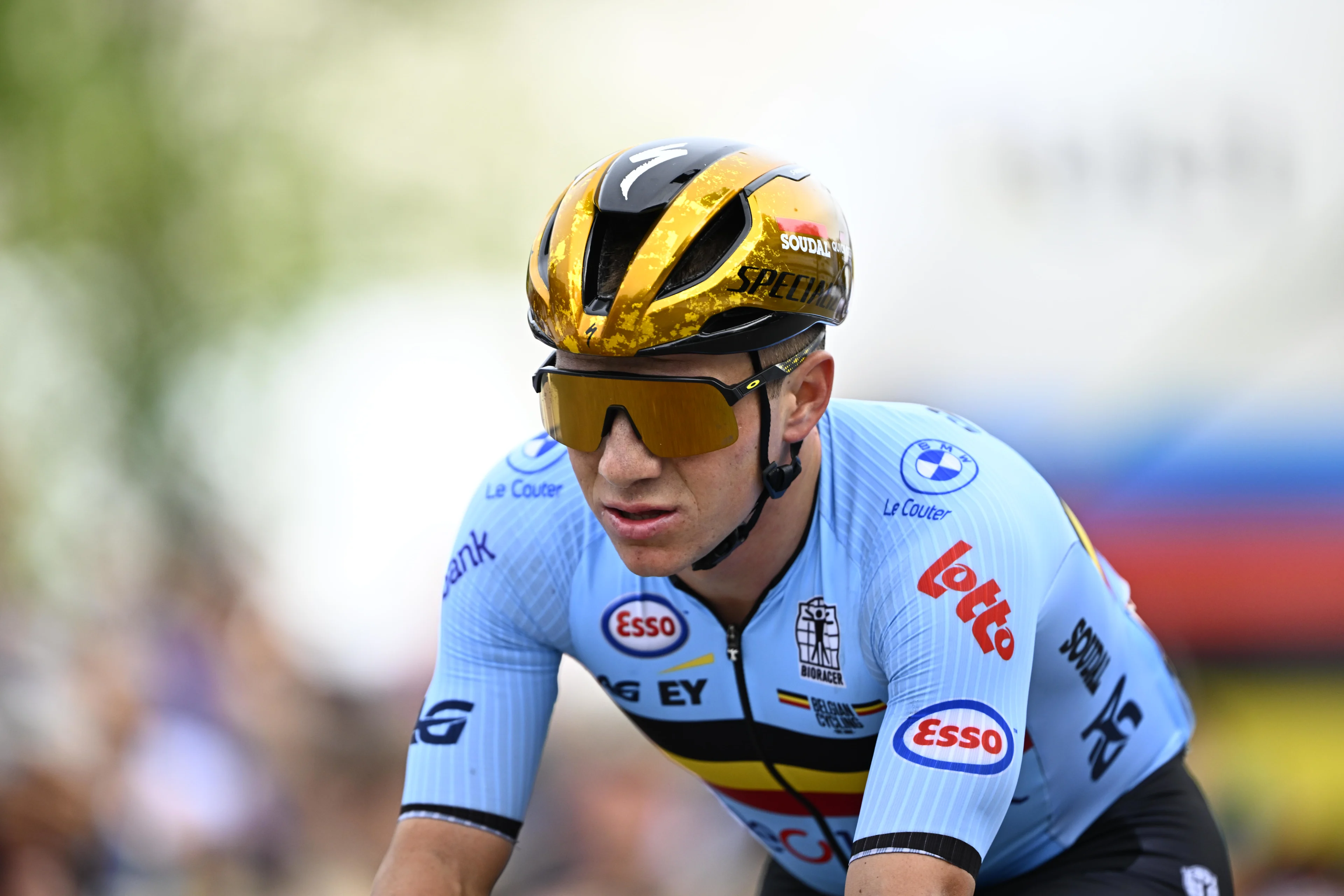 Belgian Remco Evenepoel passing the finish line of the elite men road race at the 2024 UCI Road and Para-Cycling Road World Championships, Sunday 29 September 2024, in Zurich, Switzerland. The Worlds are taking place from 21 to 29 September. BELGA PHOTO JASPER JACOBS