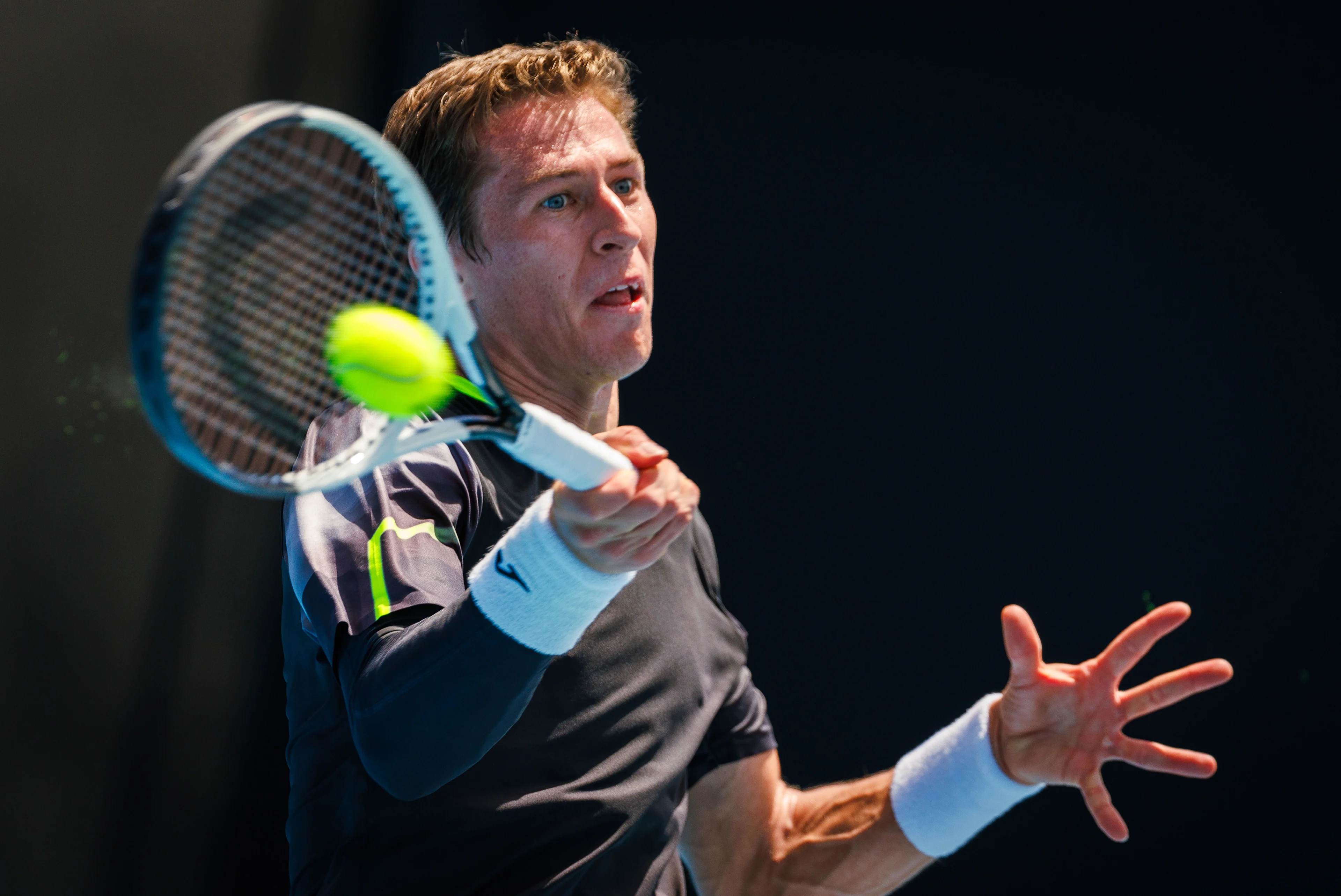 Belgian Kimmer Coppejans pictured during a men's qualifying singles first round game between Belgian Coppejans and French Martineau, at the 'Australian Open' Grand Slam tennis tournament, Tuesday 07 January 2025 in Melbourne Park, Melbourne, Australia. The 2024 edition of the Australian Grand Slam takes place from January 14th to January 28th. Coppejans won 2-6, 7-6, 6-1. BELGA PHOTO PATRICK HAMILTON