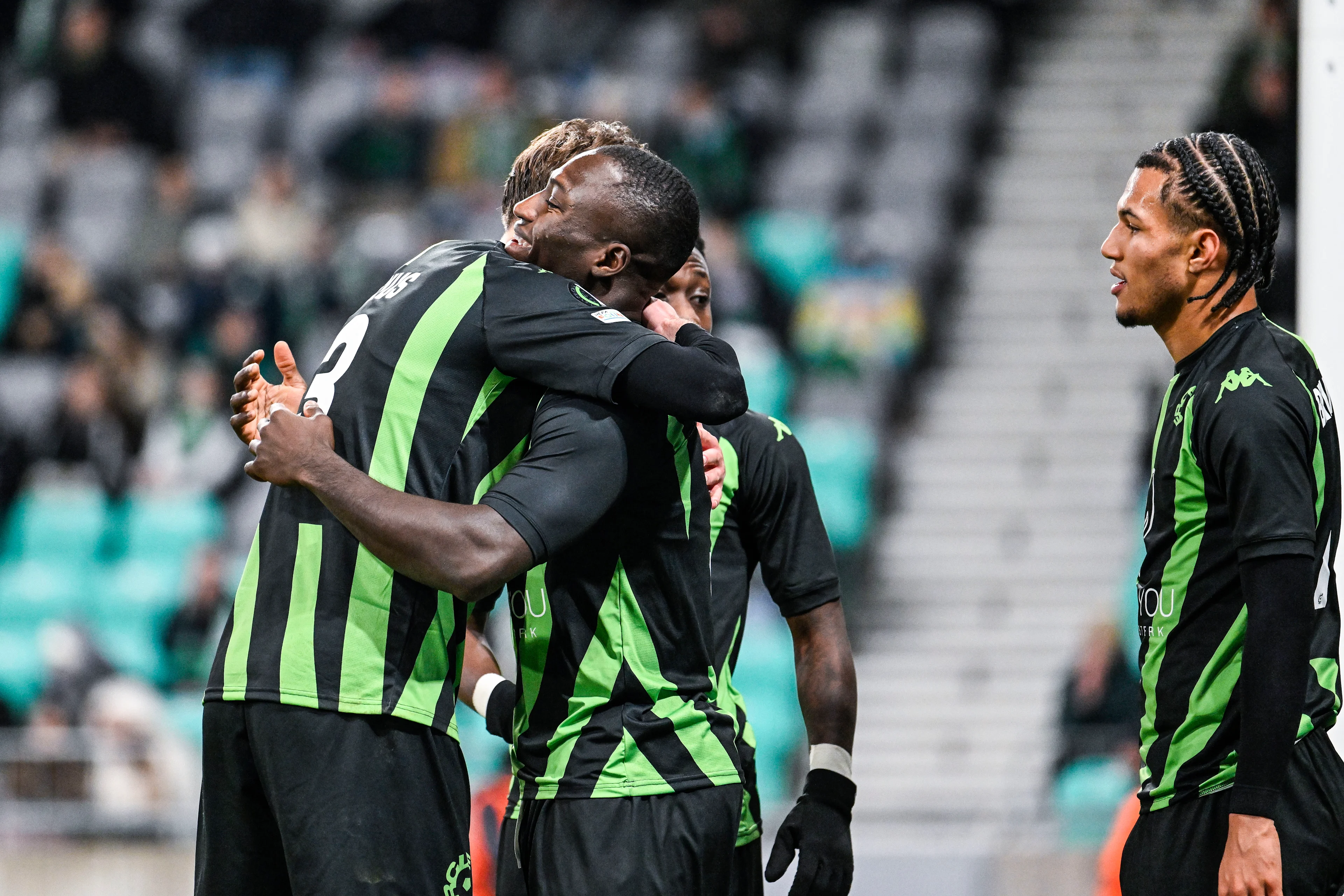 Cercle's Kevin Denkey celebrates after scoring during a soccer game between Belgian first division team Cercle Brugge KSV and Slovenian Olimpija Ljubljana, in Ljubljana, Slovenia, Thursday 12 December 2024, on day 5/6 of the group stage of the UEFA Conference League tournament. BELGA PHOTO TOM GOYVAERTS