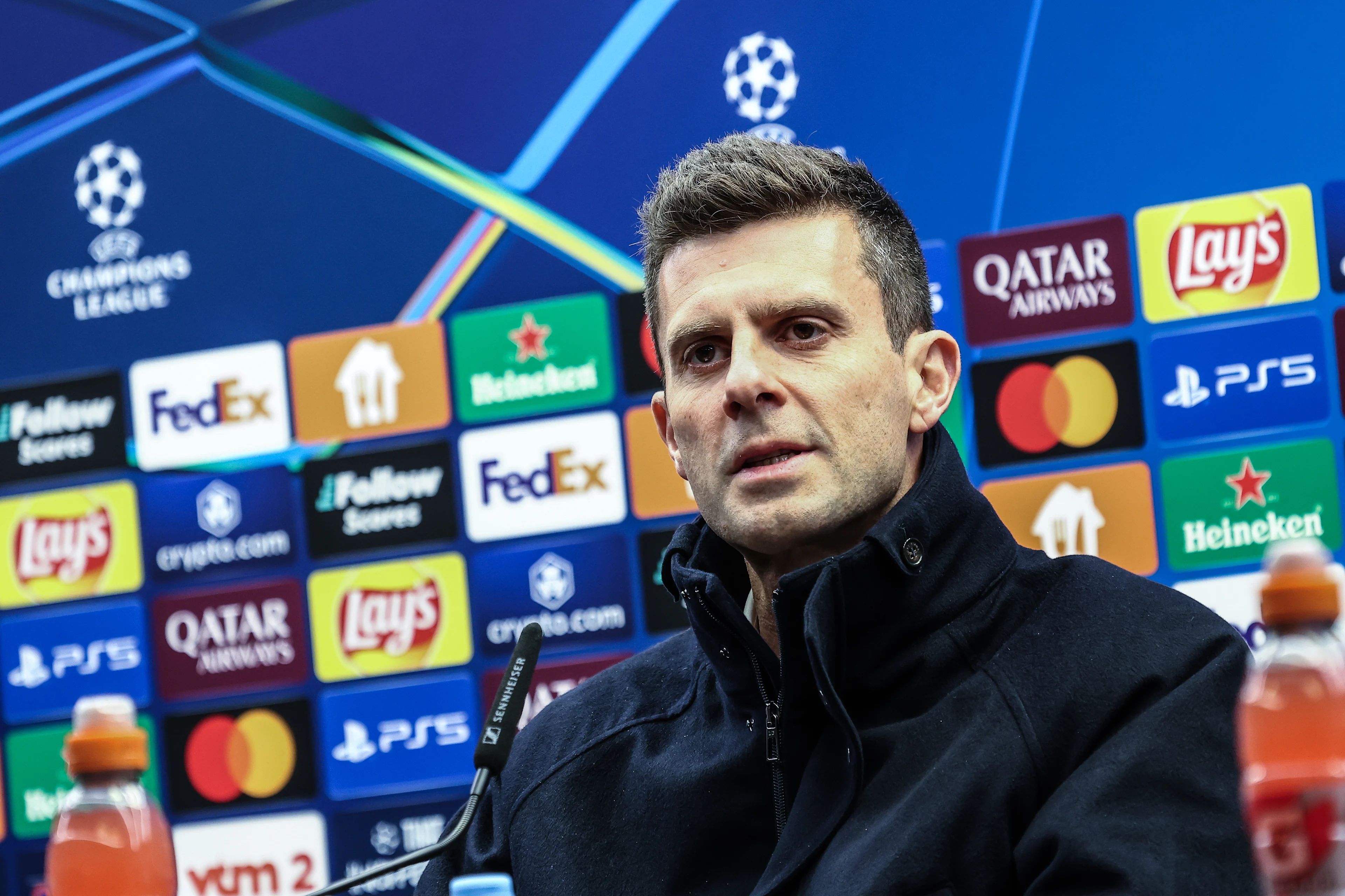 Juventus' head coach Thiago Motta pictured during a press conference of Italian club Juventus, Monday 20 January 2025 in Brugge. Tomorrow, they will play against Belgian Club Brugge KV, on the seventh day (out of 8) of the UEFA Champions League league phase. BELGA PHOTO BRUNO FAHY