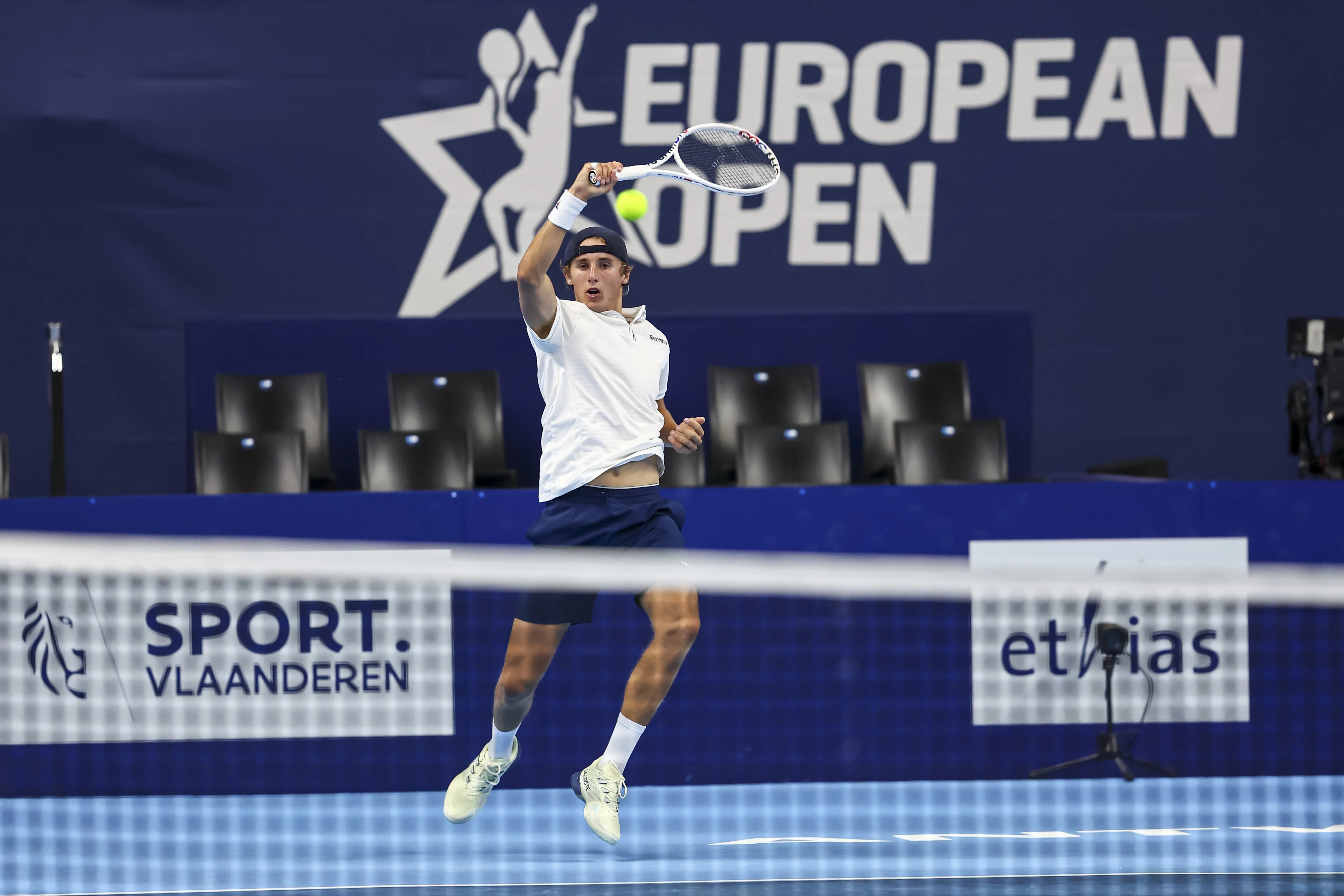 Belgian Emilien Demanet pictured in action during the qualifying phase of the European Open Tennis ATP tournament, in Antwerp, Sunday 13 October 2024. BELGA PHOTO DAVID PINTENS