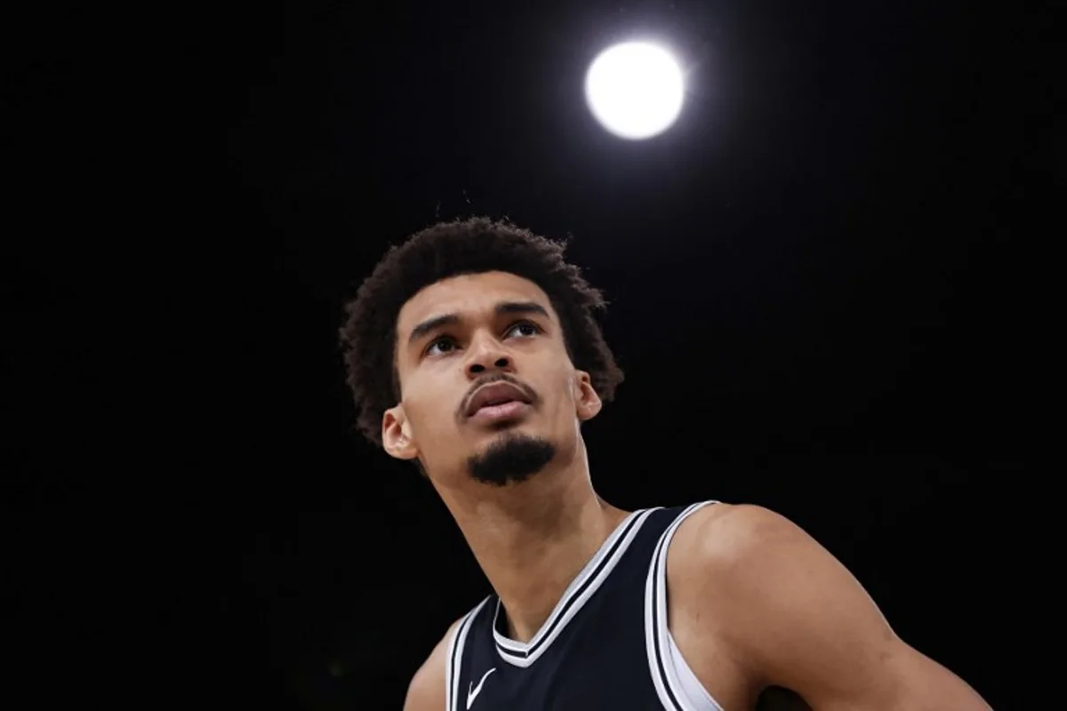 San Antonio Spurs' French forward-center #01 Victor Wembanyama looks on during the NBA basketball game between the Indiana Pacers and the San Antonio Spurs at the Accor Arena - Palais Omnisports de Paris-Bercy - in Paris on January 23, 2025.  FRANCK FIFE / AFP