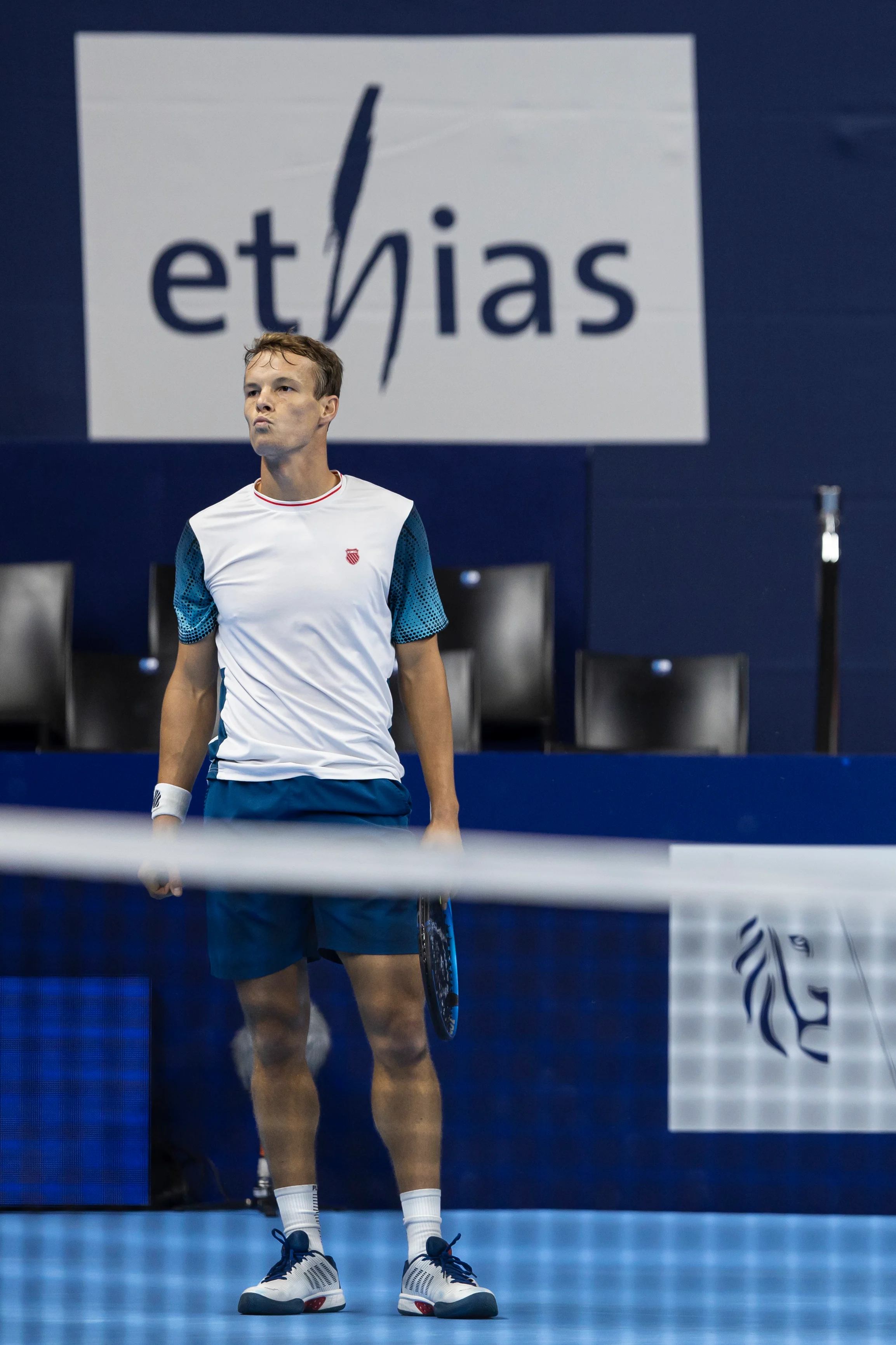 Belgian Michael Geerts pictured during the qualifying phase of the European Open Tennis ATP tournament, in Antwerp, Sunday 13 October 2024. BELGA PHOTO DAVID PINTENS