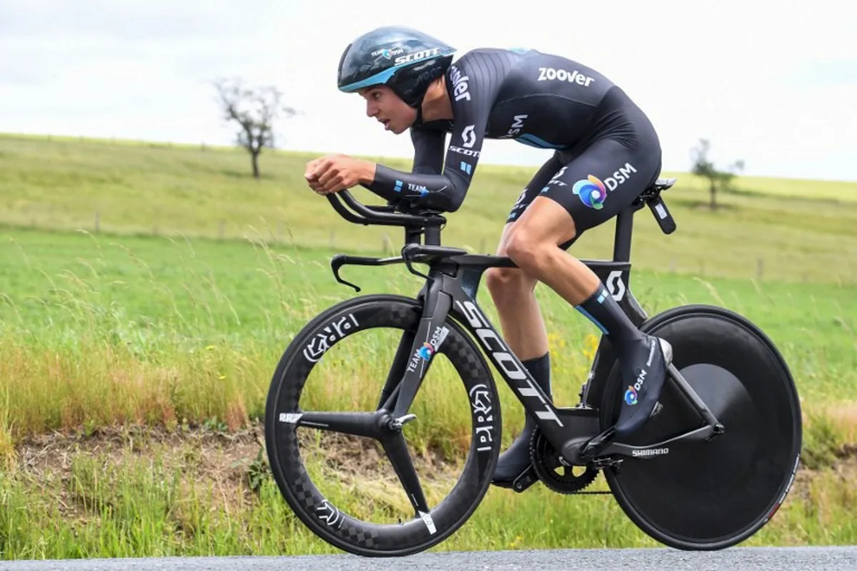Team DSM's Marco Brenner of Germany competes during the fourth stage of the 73rd edition of the Criterium du Dauphine cycling race, a 16km time trial between Firmigny and Roche-la-Moliere on June 2, 2021. Alain JOCARD / AFP