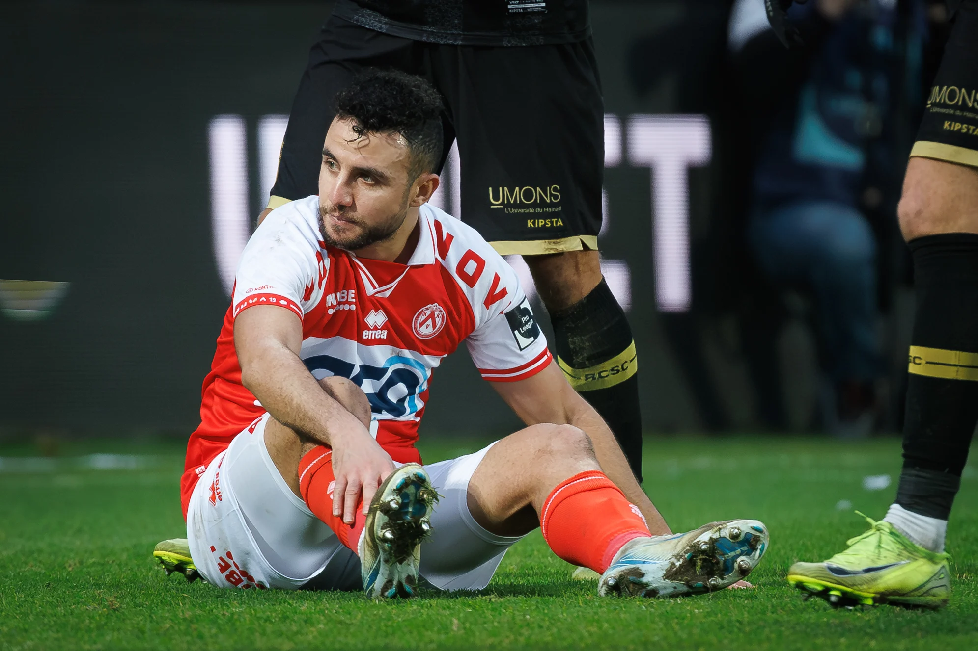 Kortrijk's Billal Billel Messaoudi looks dejected during a soccer match between KV Kortrijk and Sporting Charleroi, Thursday 26 December 2024 in Kortrijk, on day 20 of the 2024-2025 season of the 'Jupiler Pro League' first division of the Belgian championship. The competition was re-baptised 'Younited Pro League' for the games of matchweek 20, to shine a light on the Younited Belgium charity. BELGA PHOTO KURT DESPLENTER