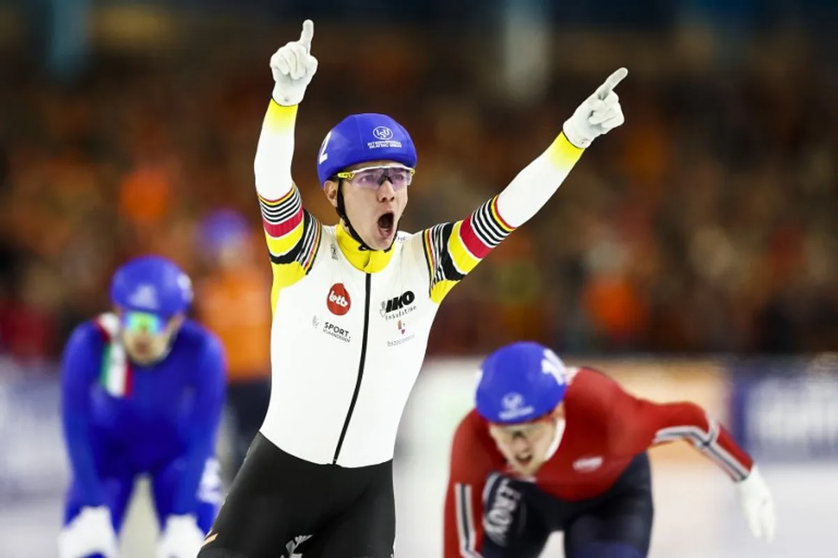 Belgium's Bart Swings reacts after winning the Mass Start men at the European Championship speed skating in Heerenveen on Janurary 7, 2024.   Vincent Jannink / ANP / AFP