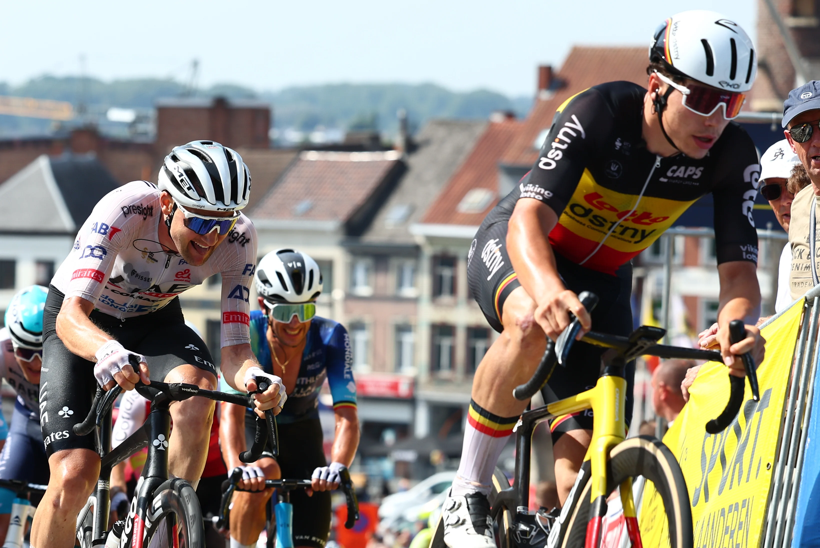 Belgian Tim Wellens of UAE Team Emirates and Belgian Arnaud De Lie of Lotto Dstny pictured in action during the fifth and last stage of the 'Renewi Tour' multi-stage cycling race, from Menen to Geraardsbergen (202,5 km) on Sunday 01 September 2024. The five-day race takes place in Belgium and the Netherlands.  BELGA PHOTO DAVID PINTENS